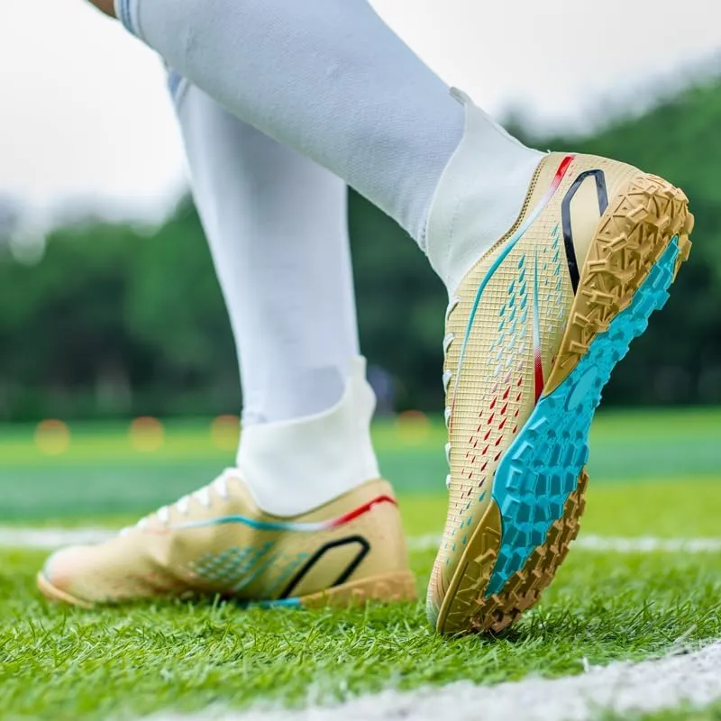 High Top Soccer Cleats, Professional Training Shoes, Non-Slip Rubber Sole, Water Resistant, Breathable Mesh Lining, Turquoise/Orange