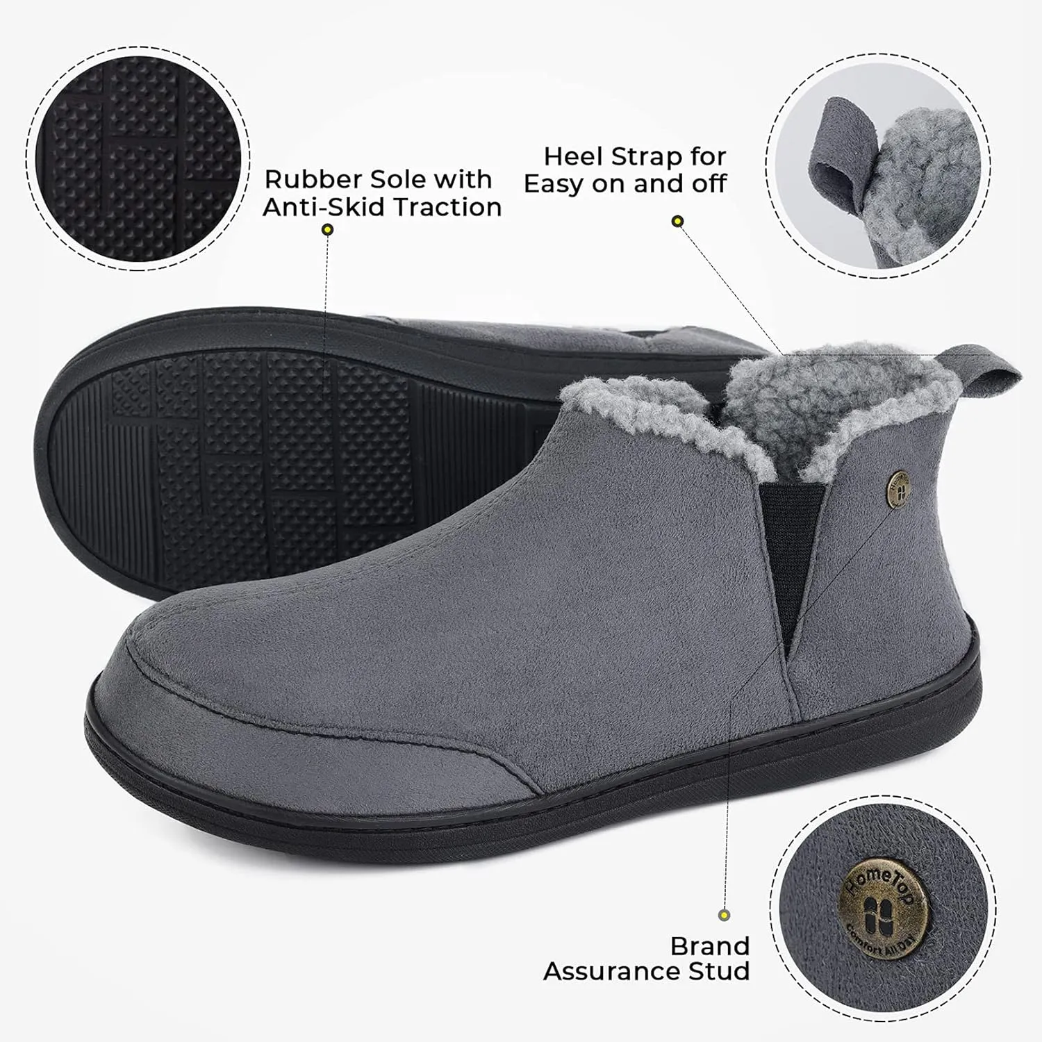 HomeTop Men's Bootie Slippers Comfy Warm Soft Non-slip Indoor Memory Foam House Shoes with Elastic Gores