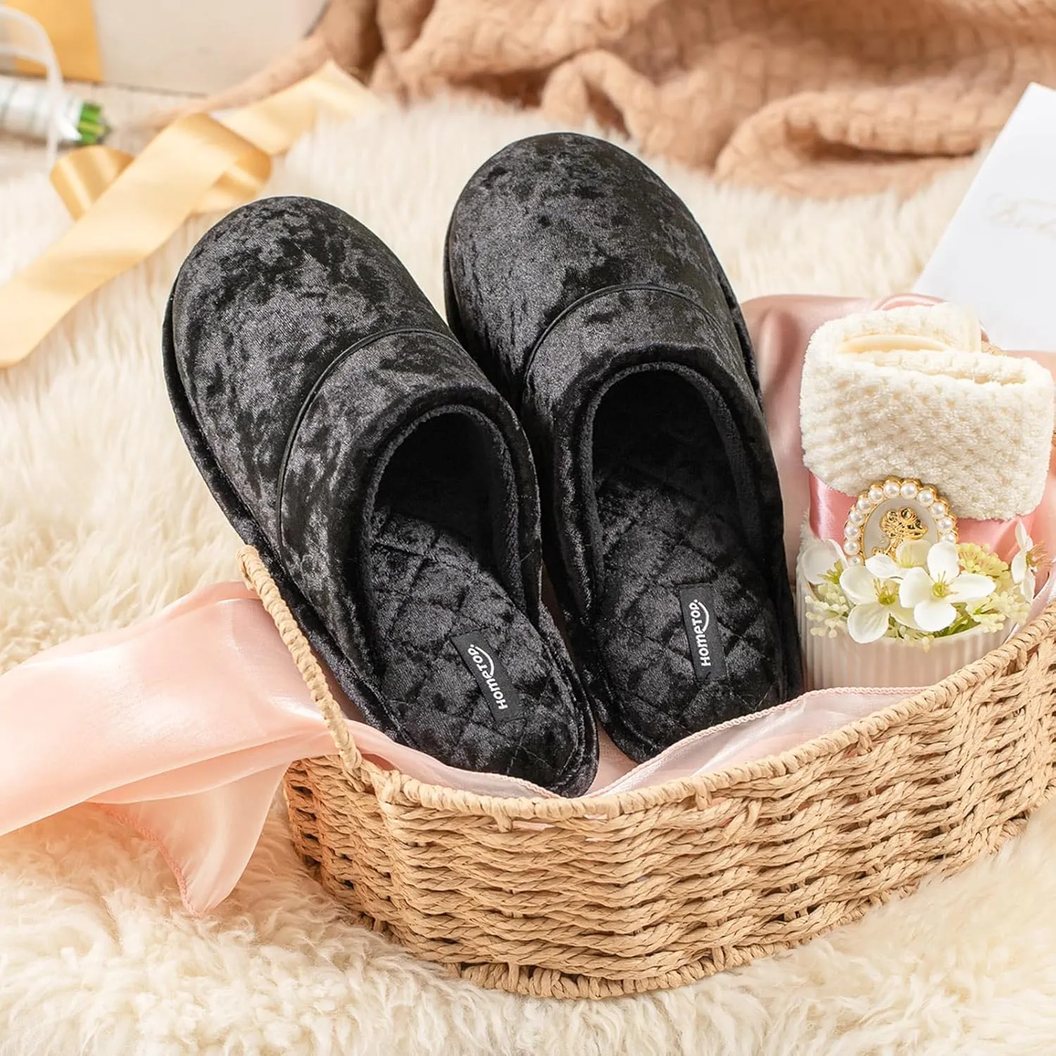 HomeTop Women's Luxury Diamond Velvet Memory Foam Scuff Slipper with Lightweight Rubber Sole