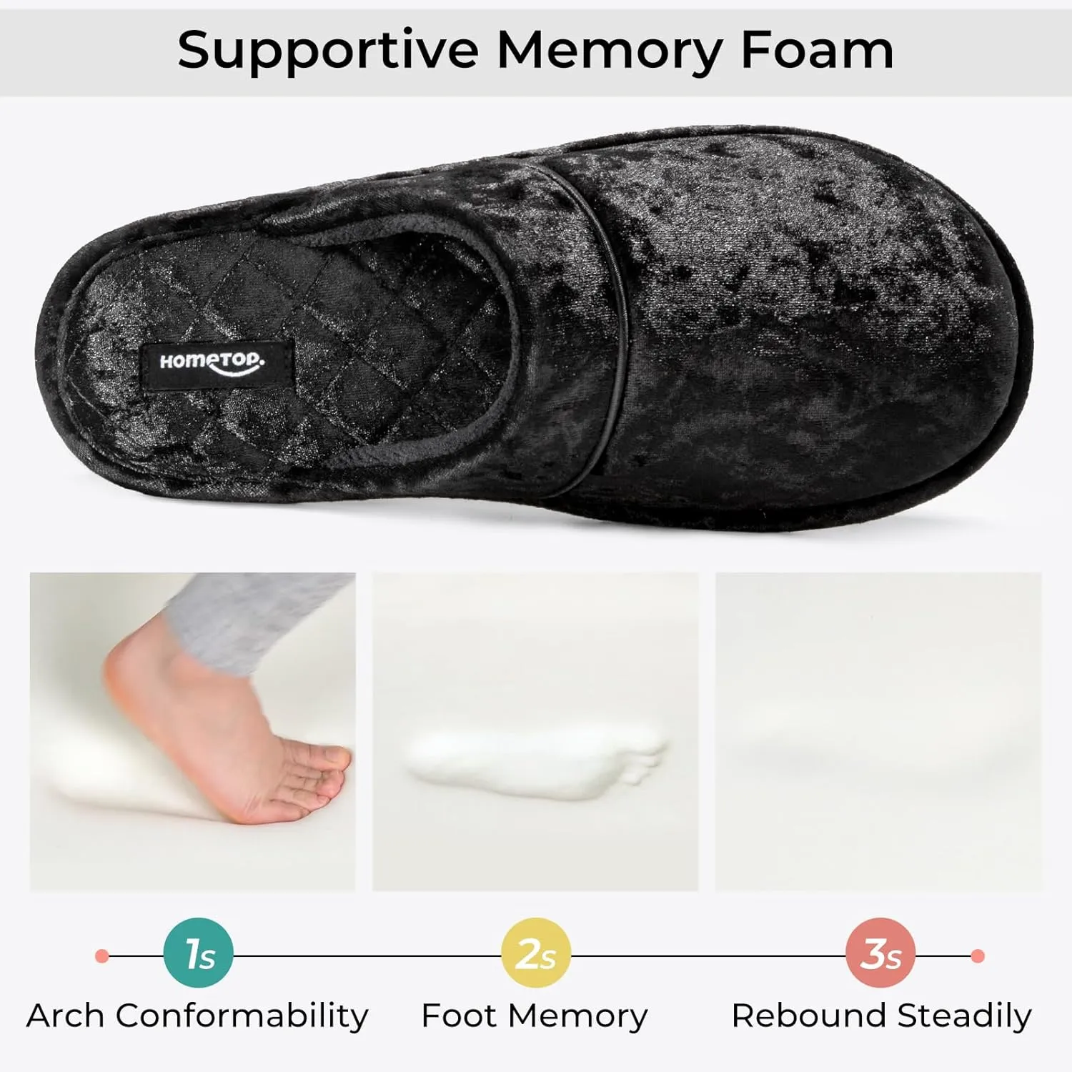 HomeTop Women's Luxury Diamond Velvet Memory Foam Scuff Slipper with Lightweight Rubber Sole