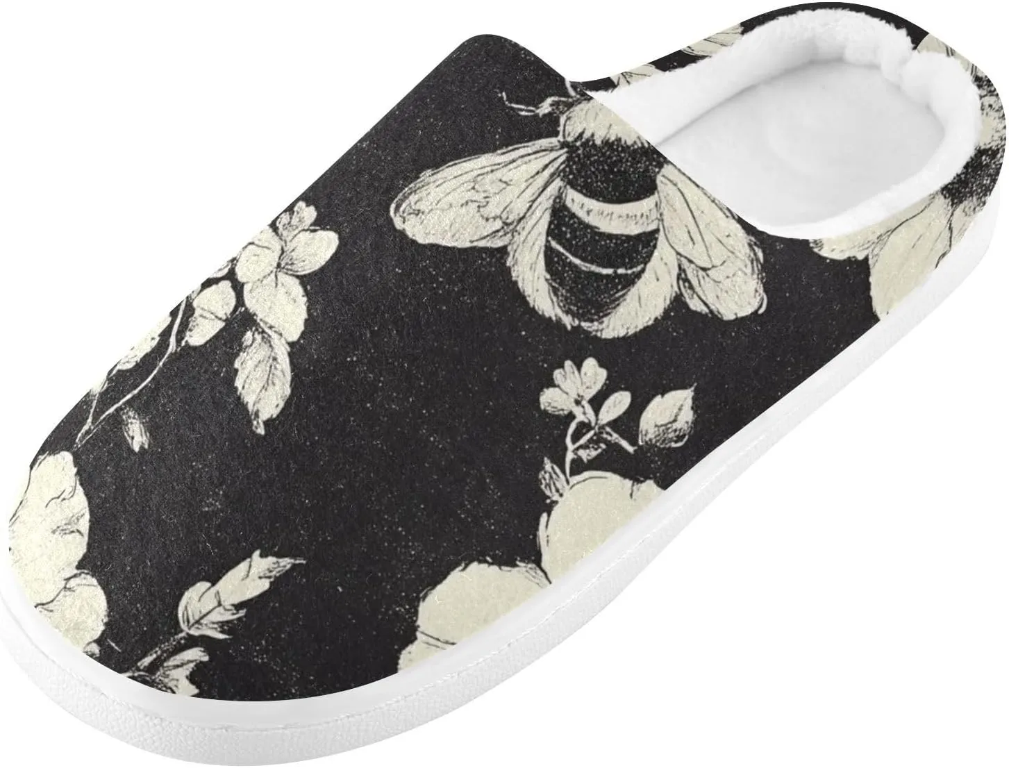 Honeybee Black FLOWER and white Comfy Fuzzy Slippers Print House Shoes with Memory Foam for Girl House 6-7