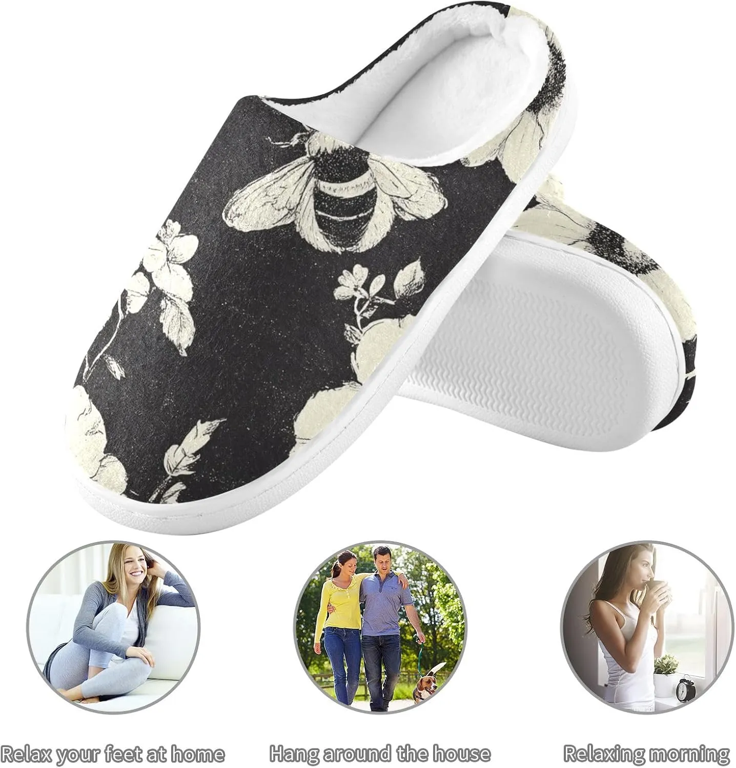 Honeybee Black FLOWER and white Comfy Fuzzy Slippers Print House Shoes with Memory Foam for Girl House 6-7