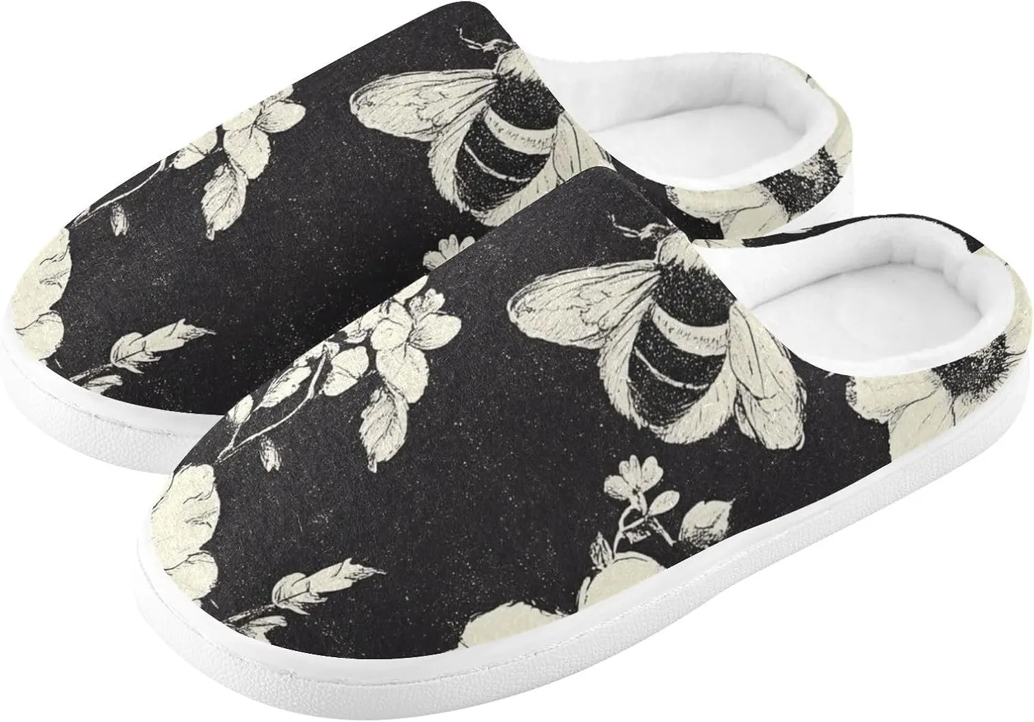 Honeybee Black FLOWER and white Comfy Fuzzy Slippers Print House Shoes with Memory Foam for Girl House 6-7