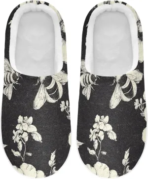 Honeybee Black FLOWER and white Comfy Fuzzy Slippers Print House Shoes with Memory Foam for Girl House 6-7