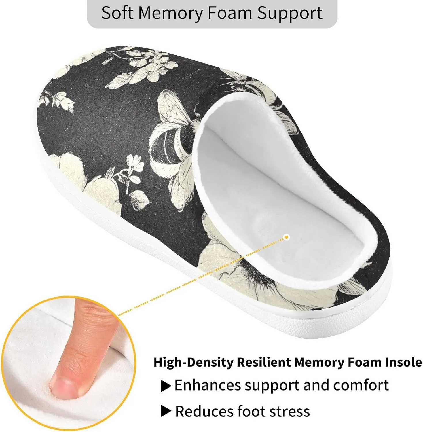 Honeybee Black FLOWER and white Comfy Fuzzy Slippers Print House Shoes with Memory Foam for Girl House 6-7
