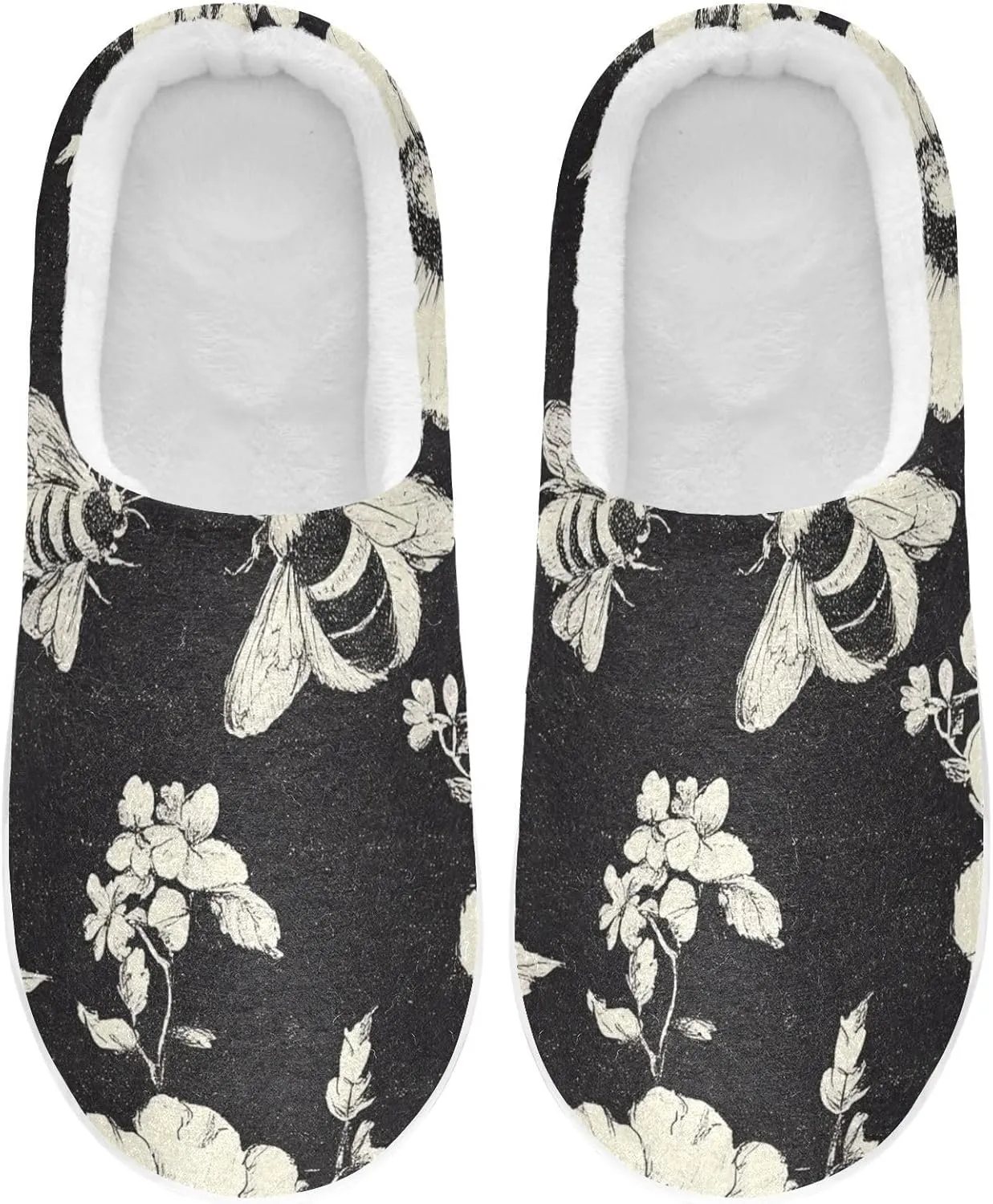 Honeybee Black FLOWER and white Comfy Fuzzy Slippers Print House Shoes with Memory Foam for Girl House 6-7