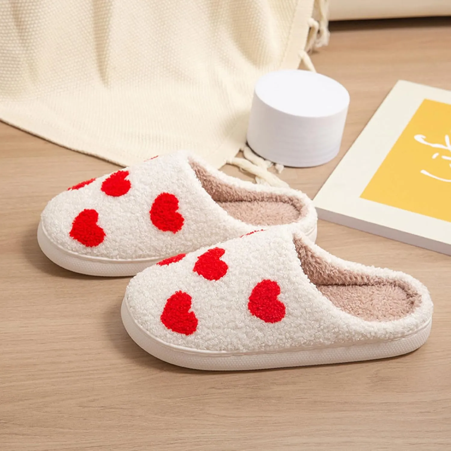 House Slippers for Women, Fruit Slipper with Strawberry Pineapple Flower Heart, Adult House Shoes with Checker Rainbow Evil Eyes Cat, Winter Fuzzy Bedroom Slides, Soft Cute Cozy