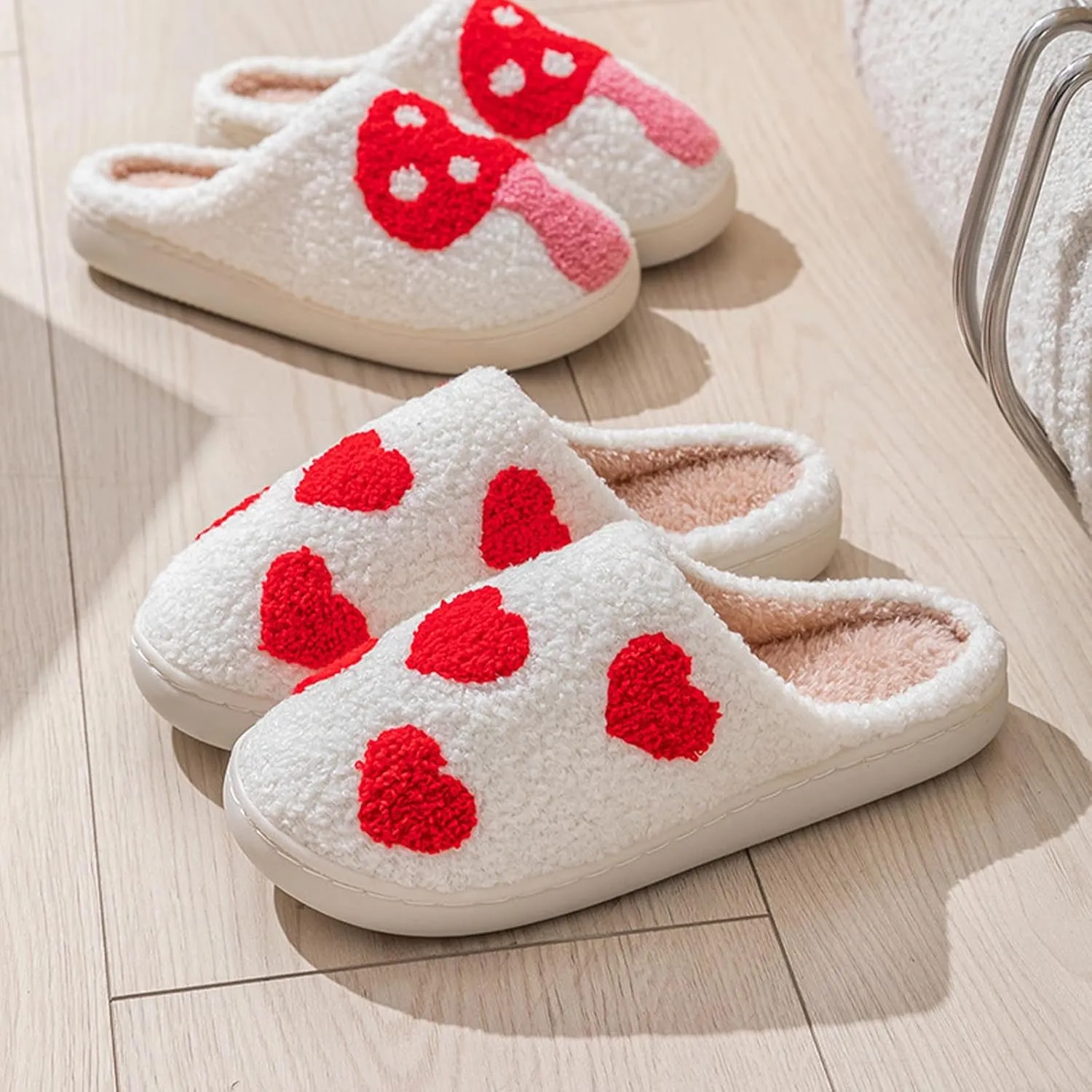 House Slippers for Women, Fruit Slipper with Strawberry Pineapple Flower Heart, Adult House Shoes with Checker Rainbow Evil Eyes Cat, Winter Fuzzy Bedroom Slides, Soft Cute Cozy