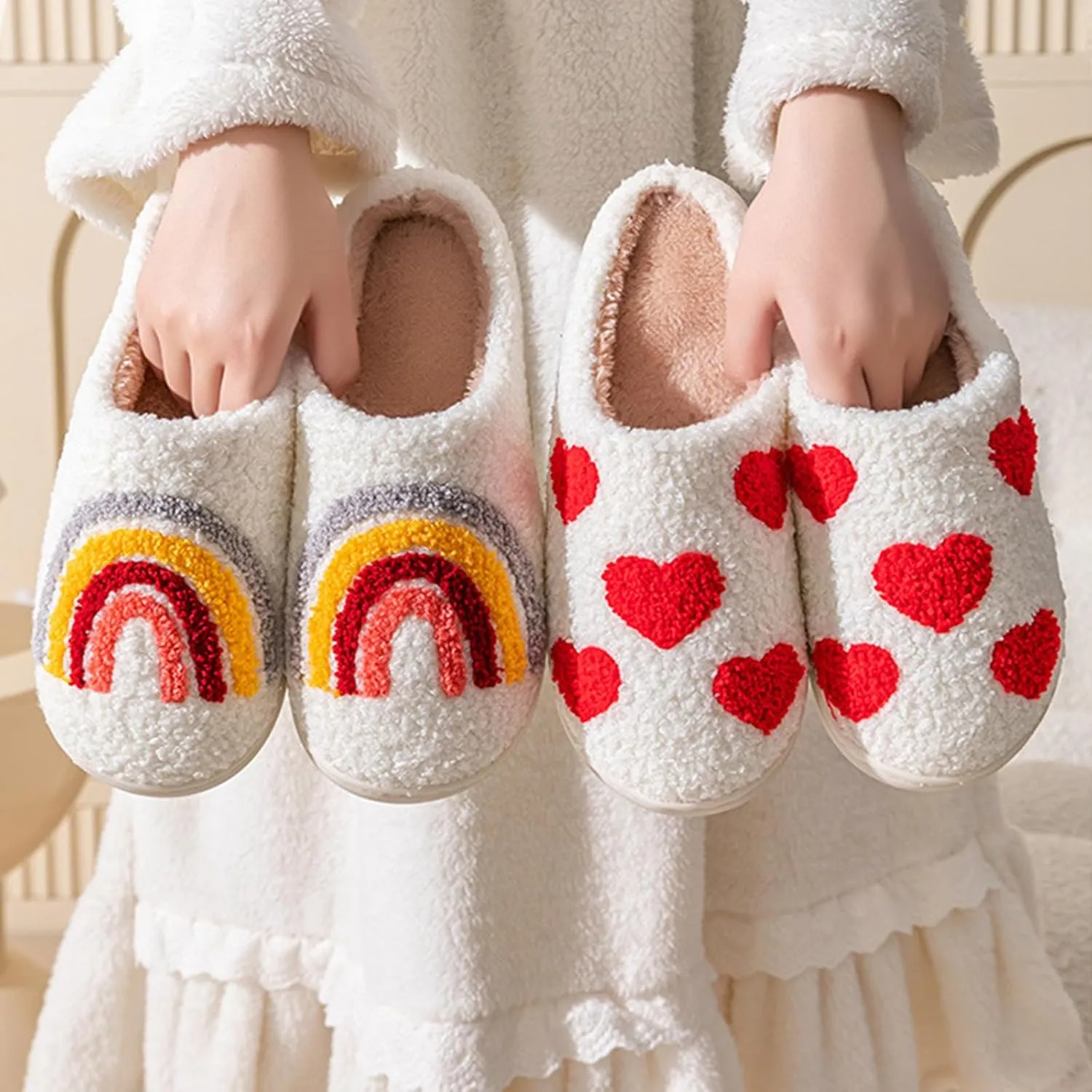 House Slippers for Women, Fruit Slipper with Strawberry Pineapple Flower Heart, Adult House Shoes with Checker Rainbow Evil Eyes Cat, Winter Fuzzy Bedroom Slides, Soft Cute Cozy