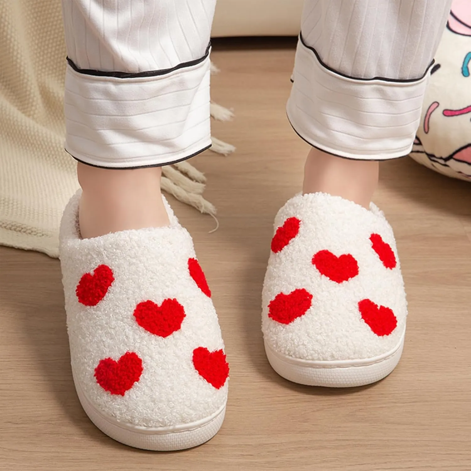 House Slippers for Women, Fruit Slipper with Strawberry Pineapple Flower Heart, Adult House Shoes with Checker Rainbow Evil Eyes Cat, Winter Fuzzy Bedroom Slides, Soft Cute Cozy