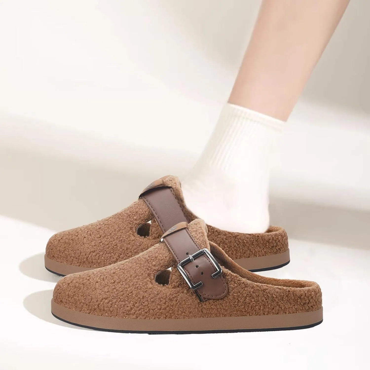 Hsyooes Women's Men's Fuzzy Slippers Orthotic Arch Support Fleece Lined House Slippers Comfy Winter Slip On Clogs for Plantar Fasciitis Indoor Outdoor with Adjustable Buckle