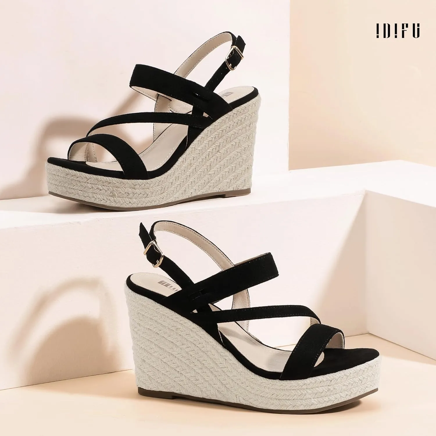 IDIFU IN4 Espadrille Wedge Sandals for Women Platform Wedges Heels Wedding Bridal Ladies Open Toe Dressy Sandals Comfortable Summer Ankle Strap Strappy High Heel Wedges