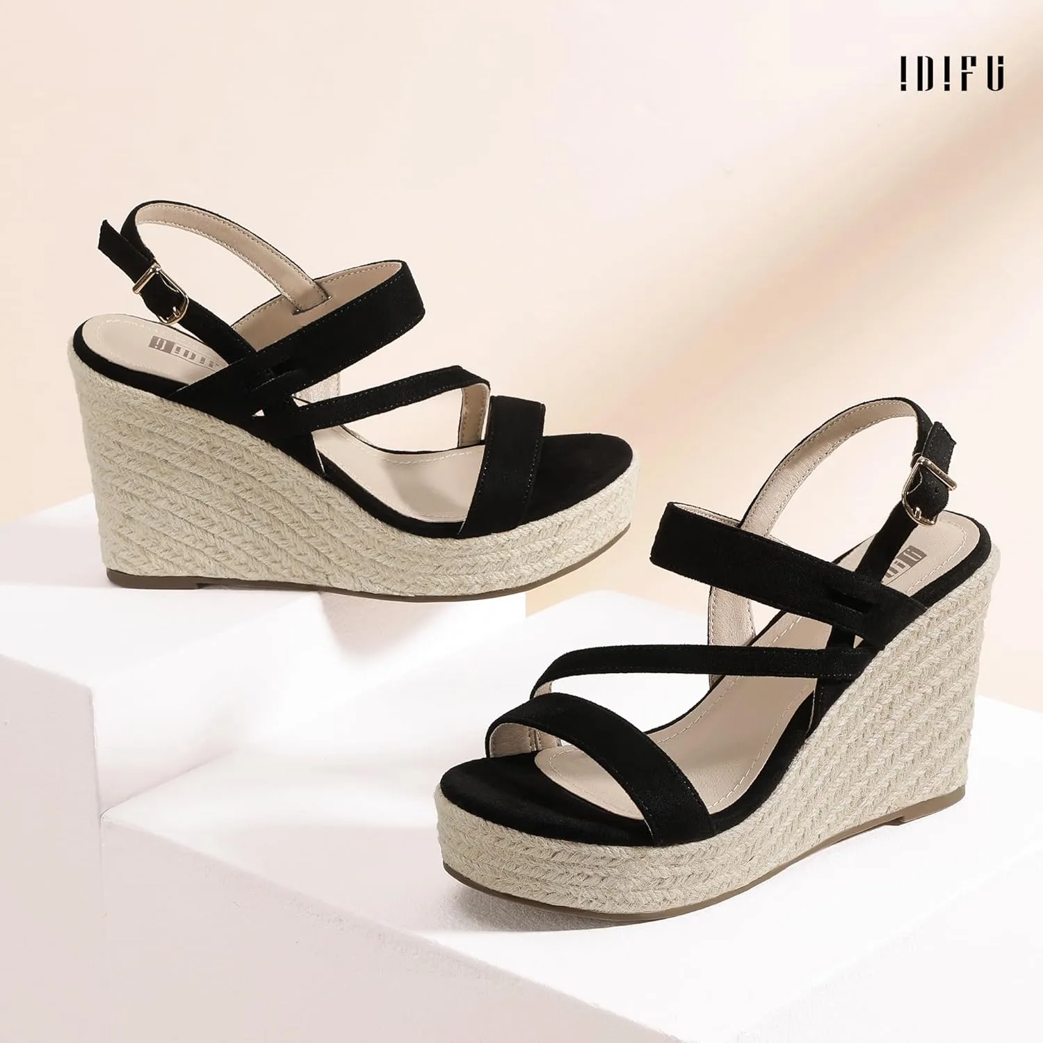 IDIFU IN4 Espadrille Wedge Sandals for Women Platform Wedges Heels Wedding Bridal Ladies Open Toe Dressy Sandals Comfortable Summer Ankle Strap Strappy High Heel Wedges