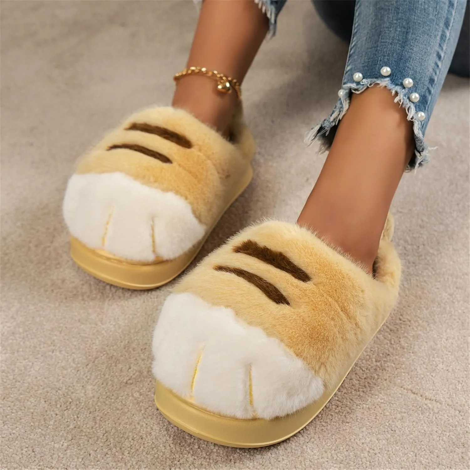 Indoor Outdoor Slippers Women Cute Funny 3D Cat Paw Cartoon Slipper Warm Fluffy Furry Winter Bedroom House Shoes