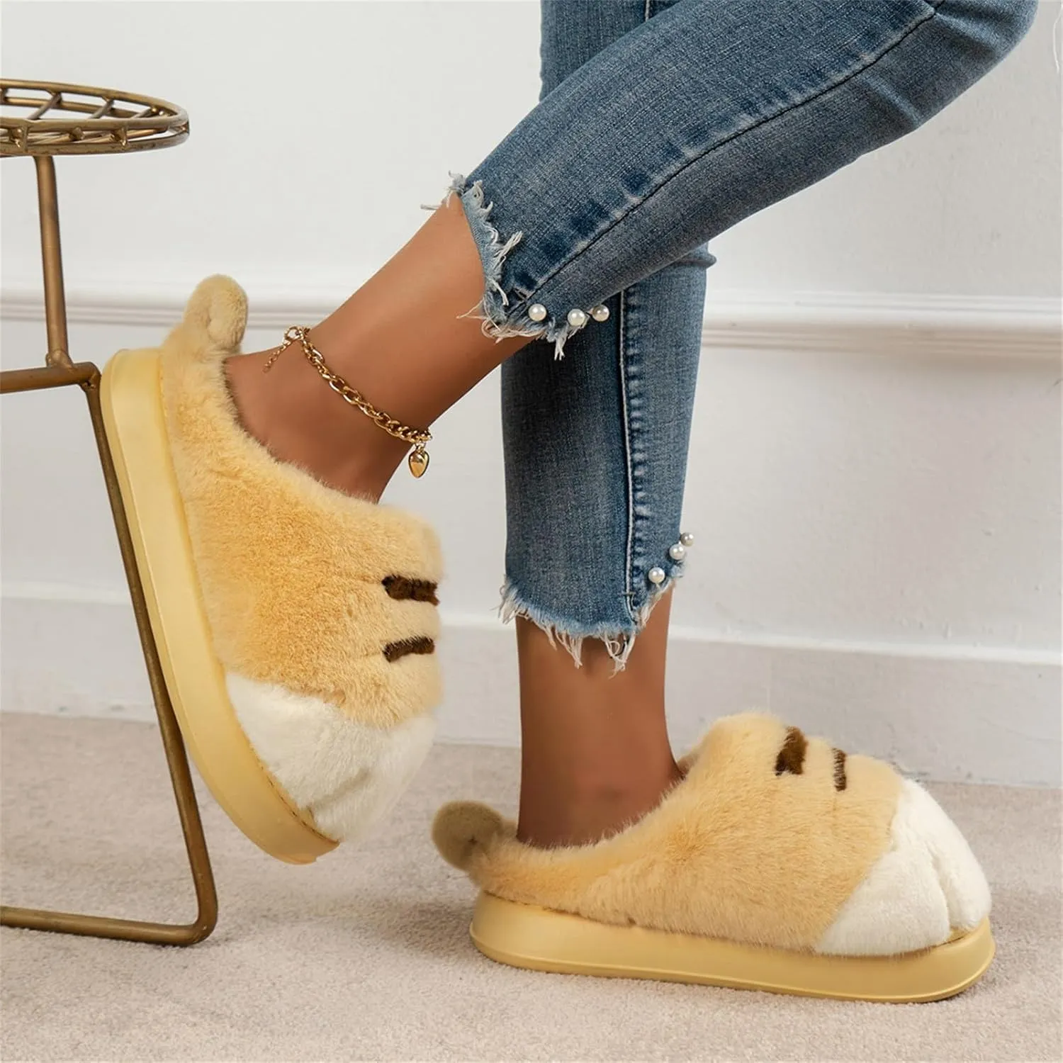 Indoor Outdoor Slippers Women Cute Funny 3D Cat Paw Cartoon Slipper Warm Fluffy Furry Winter Bedroom House Shoes