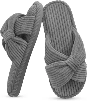 IPSAE Summer House Slippers for Woman Memory Foam Open Toe Slippers Corduroy Cross Bow Womens Slipper Slides Comfy Indoor Bedroom Slip On Shoes