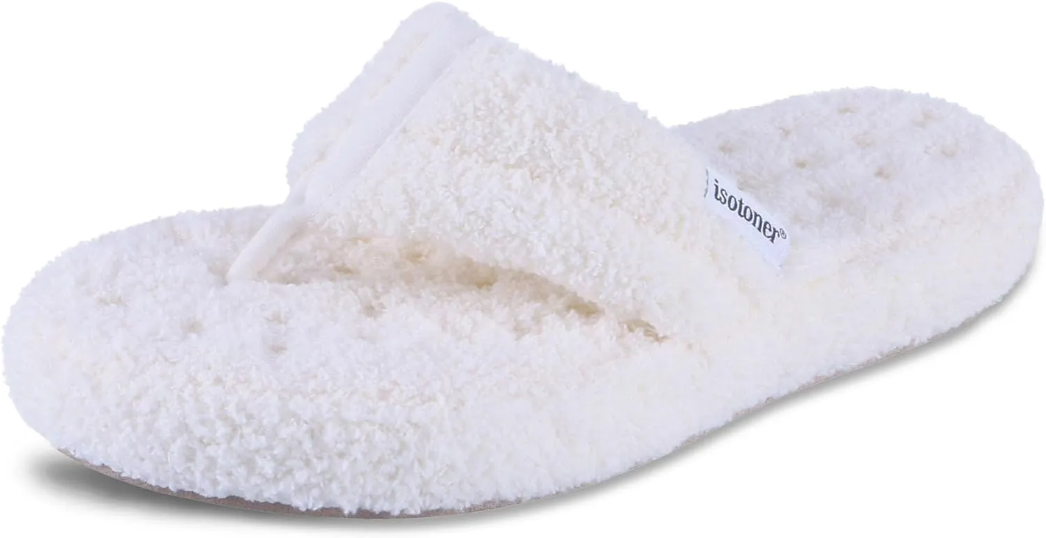 isotoner Women's Cozy Plush Terry Knit Joey Thong Slippers with Enhanced Heel Cushion