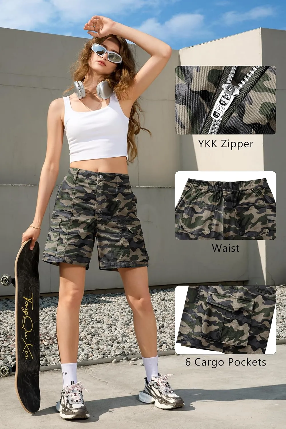 IVIR Bermuda Cargo Shorts for Women Knee Length 6 Pockets Elastic Waist Long Shorts for Summer Casual