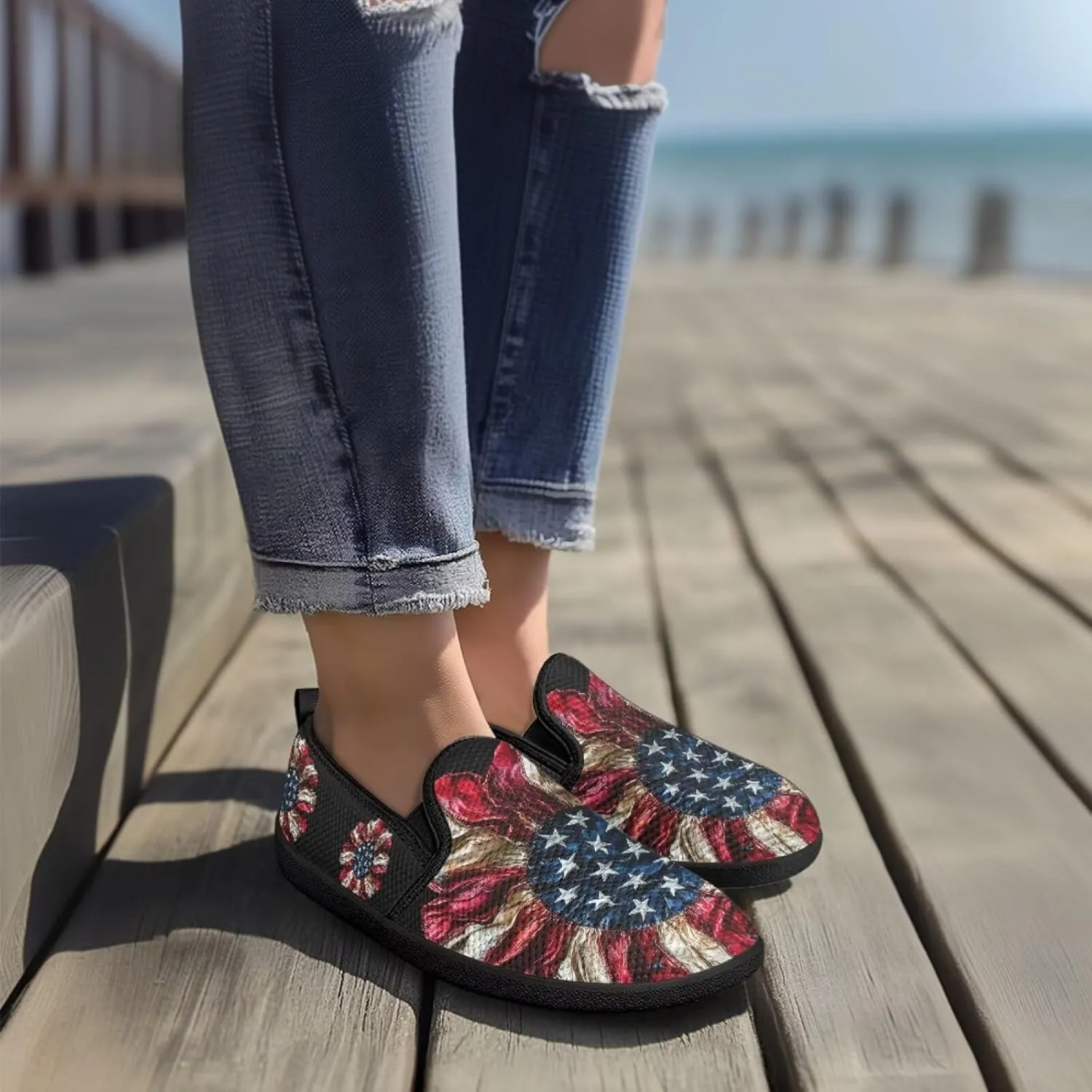 Jeiento American Flag Shoes Women's Slip-On Loafers Mesh Breathable Non Slip Lady Road Running Shoes Workout Sneakers