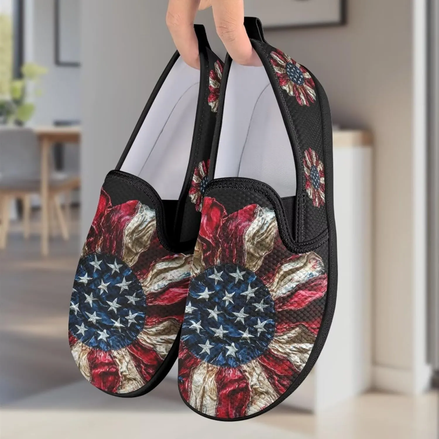 Jeiento American Flag Shoes Women's Slip-On Loafers Mesh Breathable Non Slip Lady Road Running Shoes Workout Sneakers