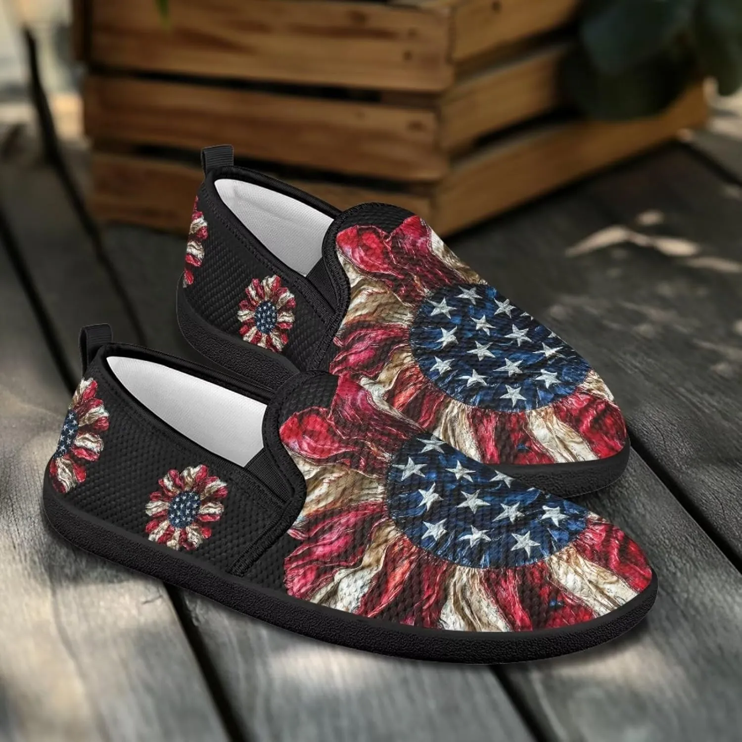 Jeiento American Flag Shoes Women's Slip-On Loafers Mesh Breathable Non Slip Lady Road Running Shoes Workout Sneakers