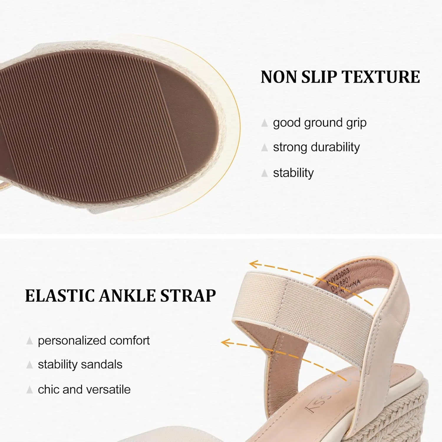 Jeossy Women's Wedge Platform Black Sandals, Espadrille Comfort Elastic Ankle Strap 8801 Sandals