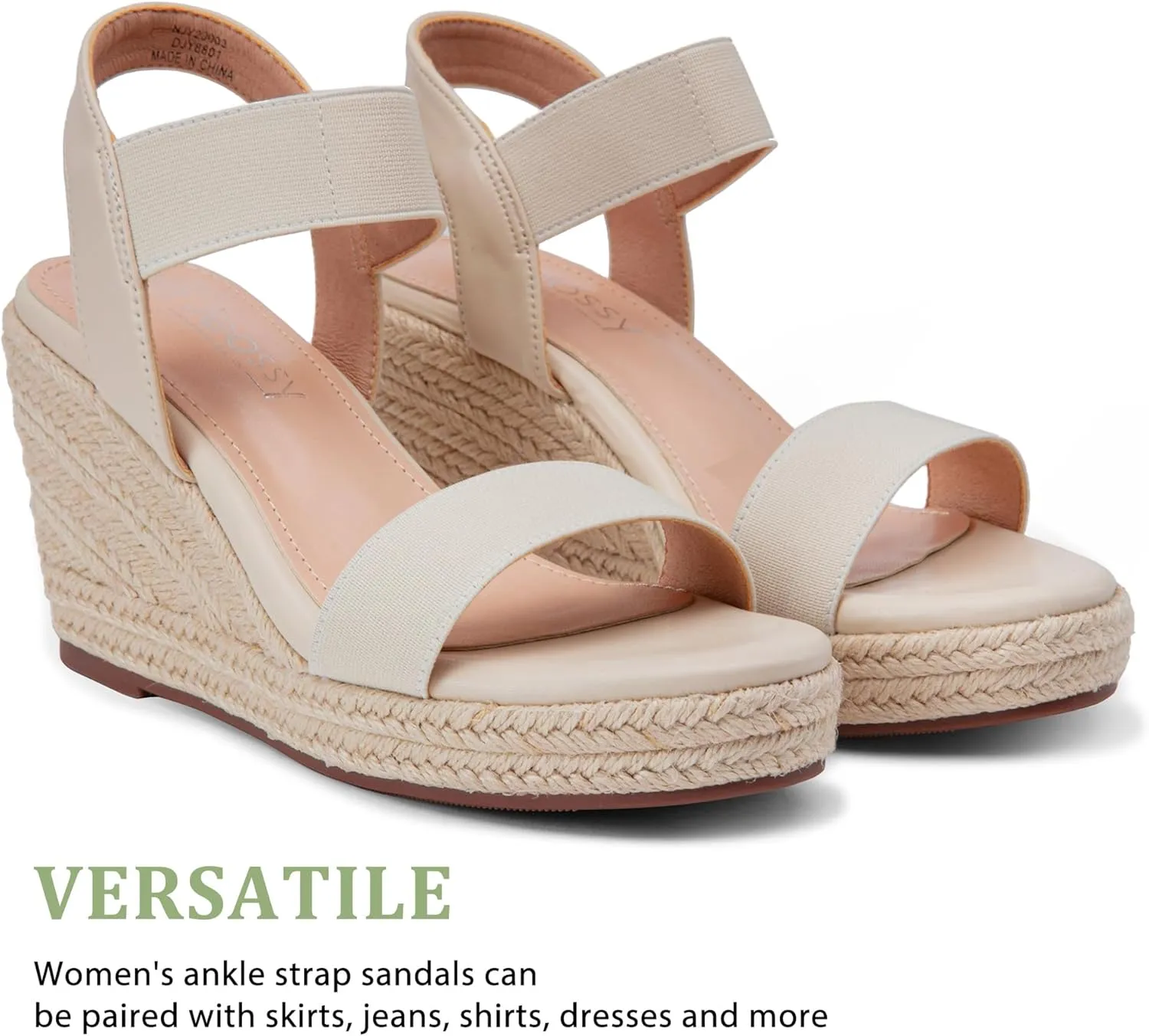 Jeossy Women's Wedge Platform Black Sandals, Espadrille Comfort Elastic Ankle Strap 8801 Sandals