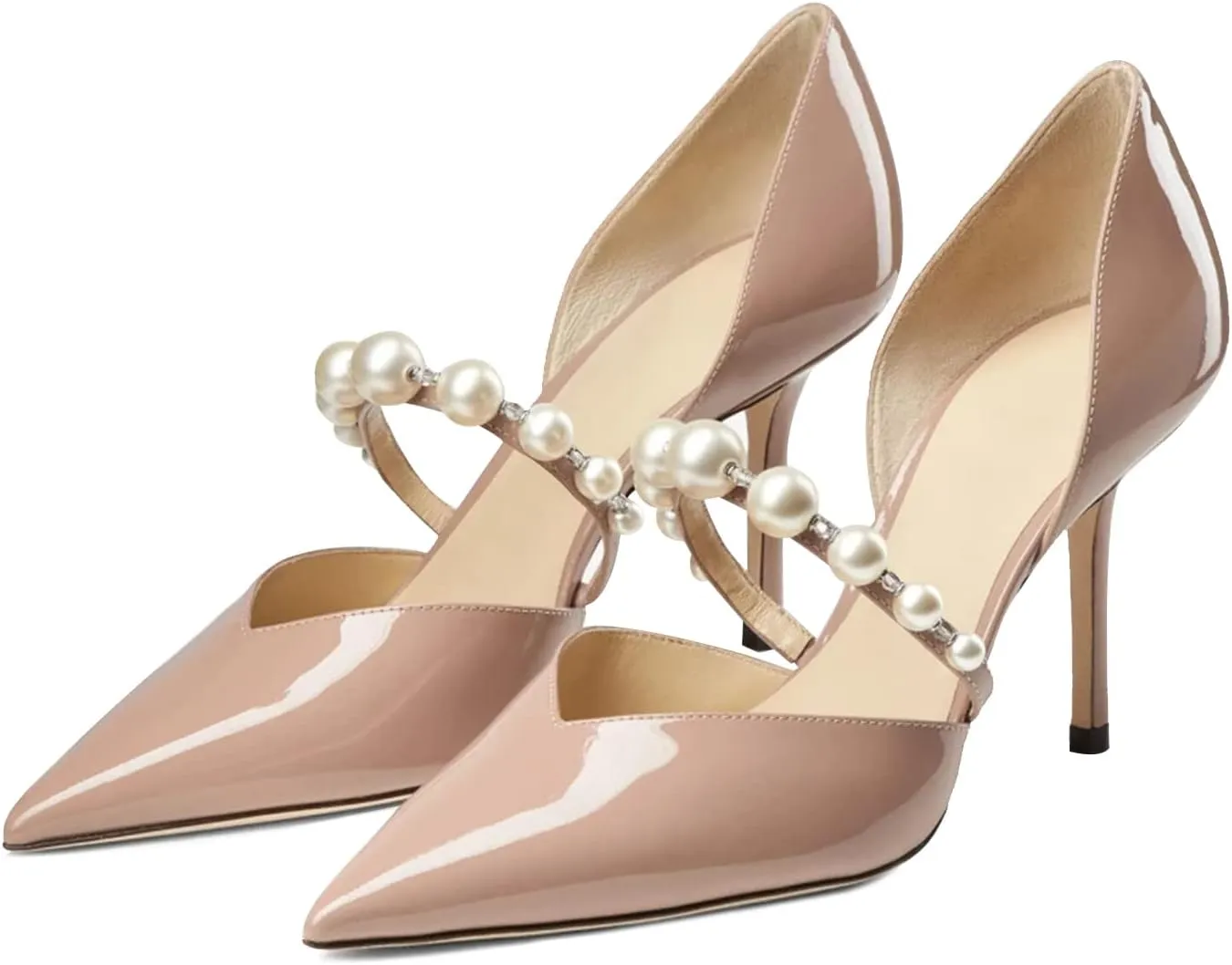 JiaBinji Women Pearl Heels Strappy Sandals Pointed Toe Backless Stiletto Slip On Pumps Dress Bridal Party Pumps