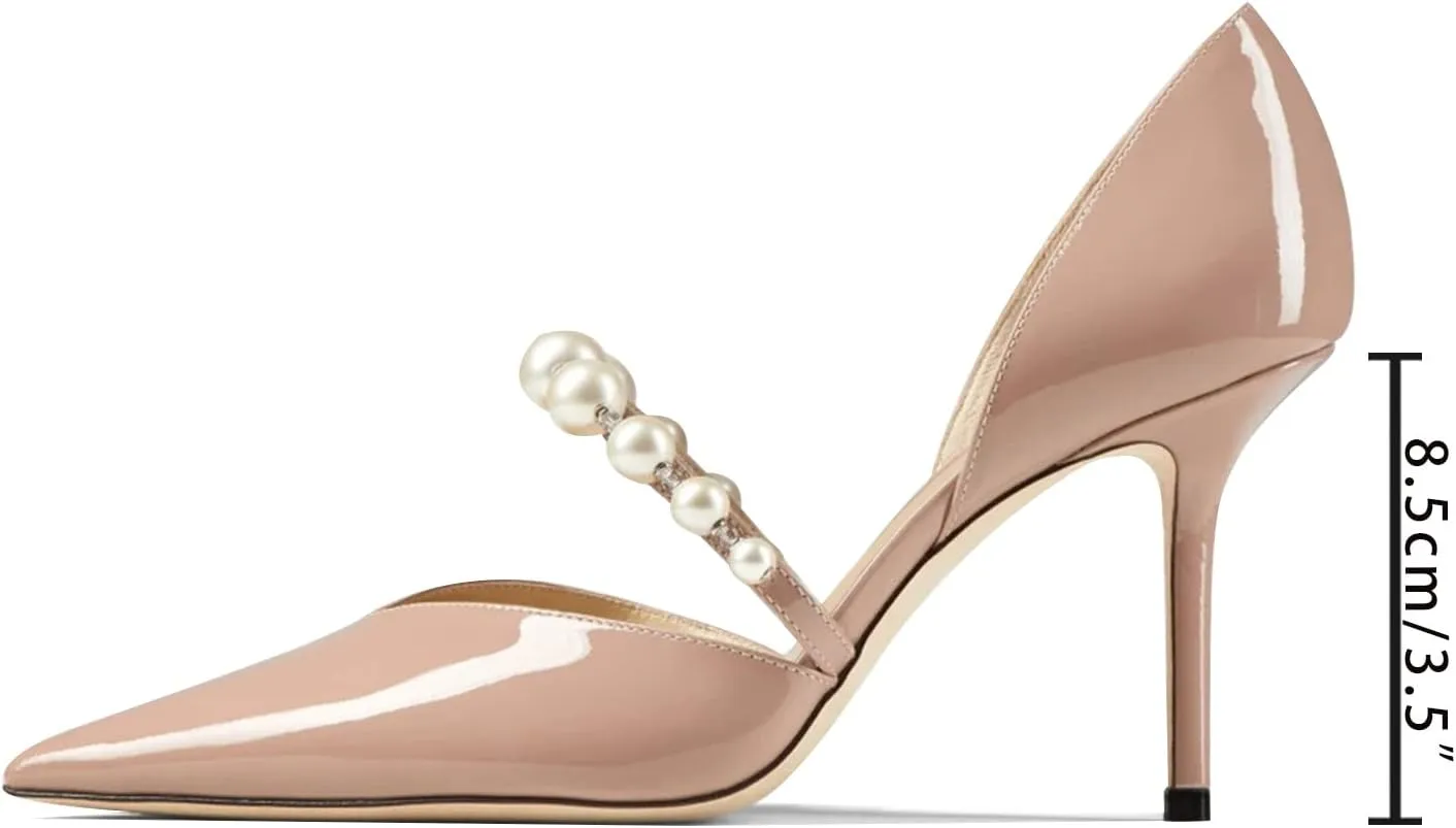 JiaBinji Women Pearl Heels Strappy Sandals Pointed Toe Backless Stiletto Slip On Pumps Dress Bridal Party Pumps