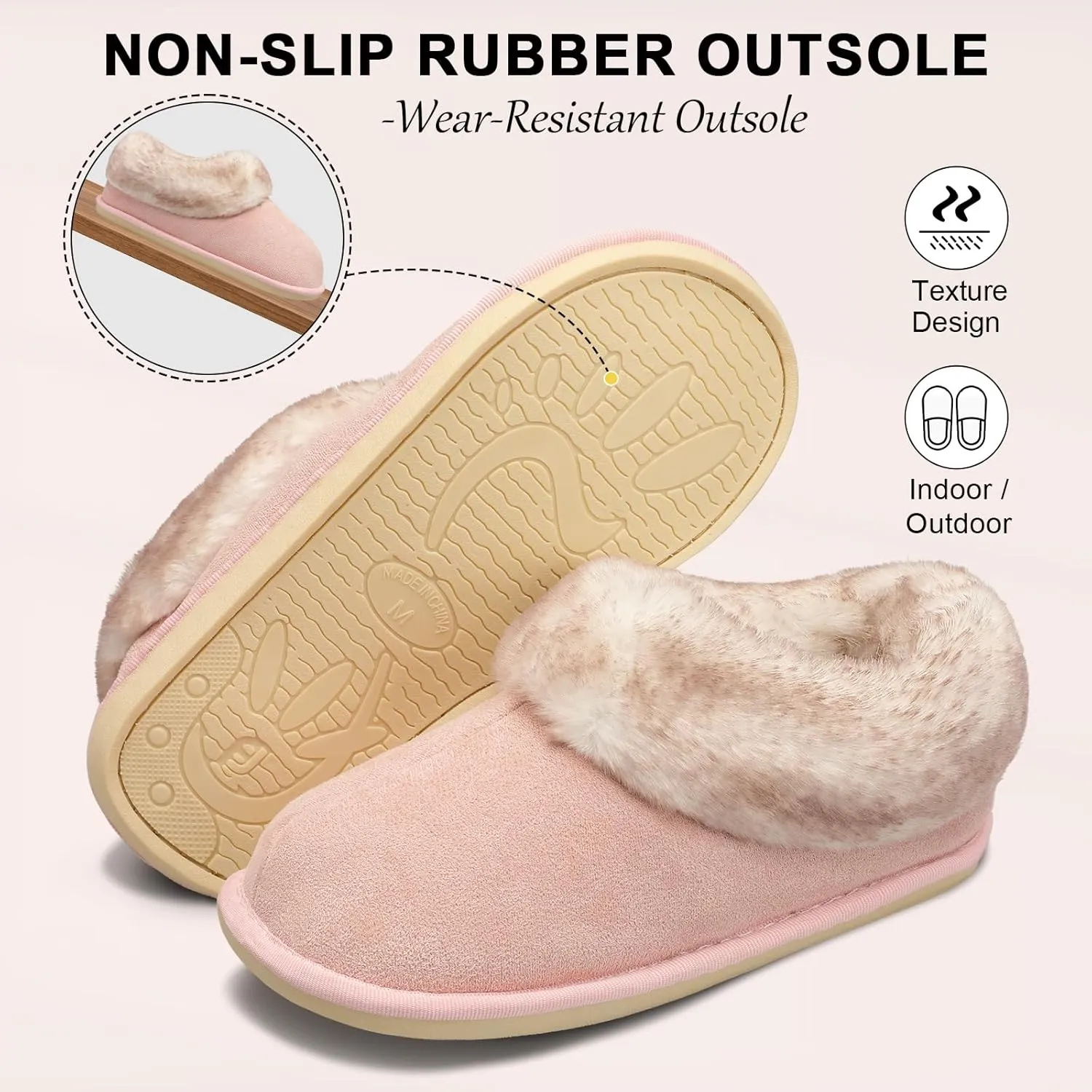 JOINFREE Women's Slippers Fuzzy House Shoes with Memory Foam Slip-on Comfy Bedroom Slippers Indoor Outdoor Shoes with Warm Faux Fur Collar