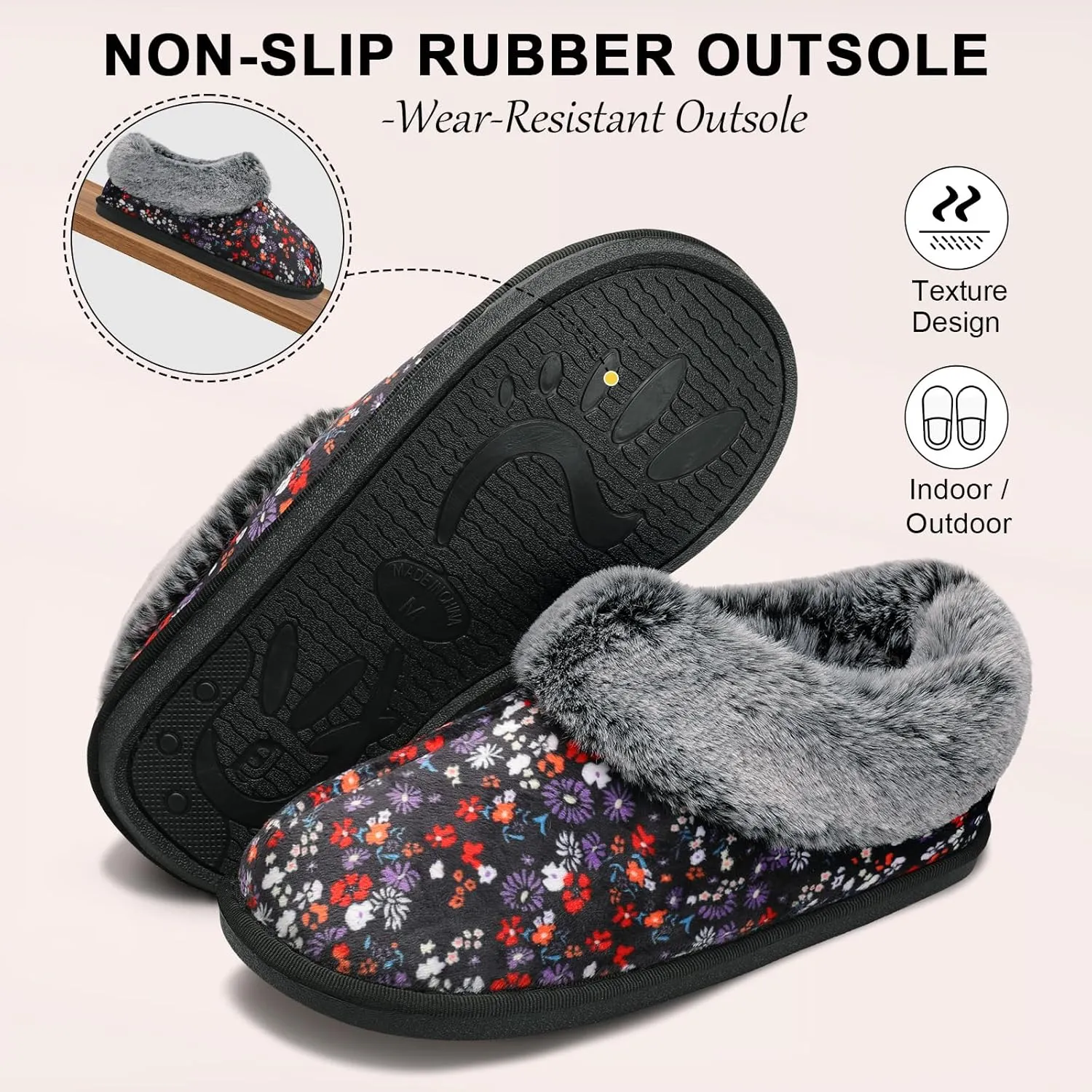 JOINFREE Women's Slippers Fuzzy House Shoes with Memory Foam Slip-on Comfy Bedroom Slippers Indoor Outdoor Shoes with Warm Faux Fur Collar