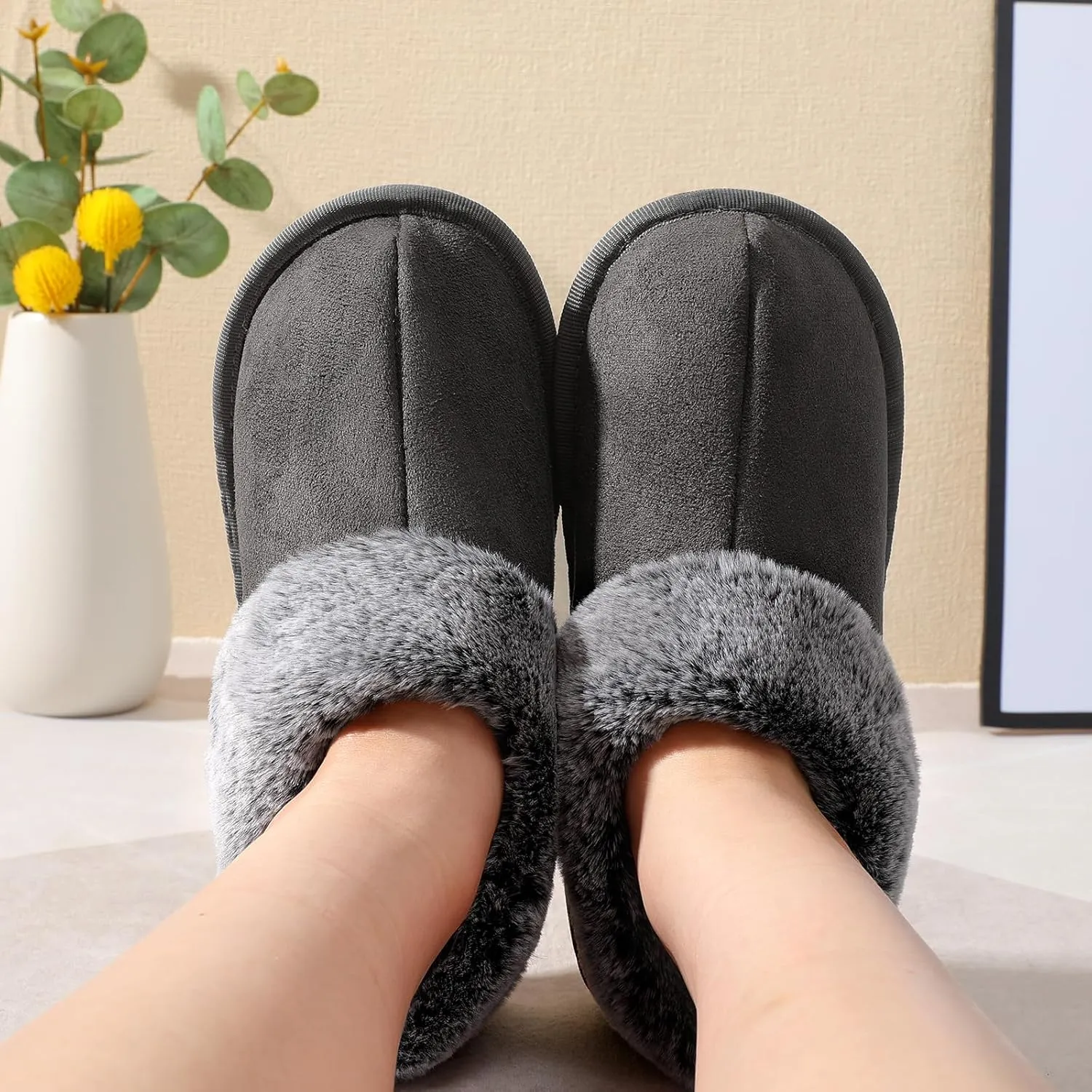 JOINFREE Women's Slippers Fuzzy House Shoes with Memory Foam Slip-on Comfy Bedroom Slippers Indoor Outdoor Shoes with Warm Faux Fur Collar