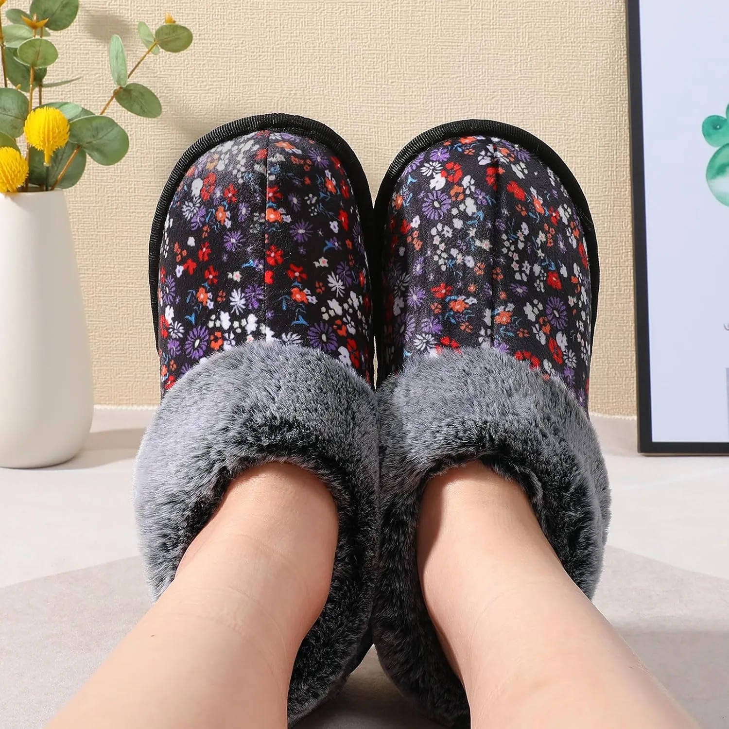 JOINFREE Women's Slippers Fuzzy House Shoes with Memory Foam Slip-on Comfy Bedroom Slippers Indoor Outdoor Shoes with Warm Faux Fur Collar