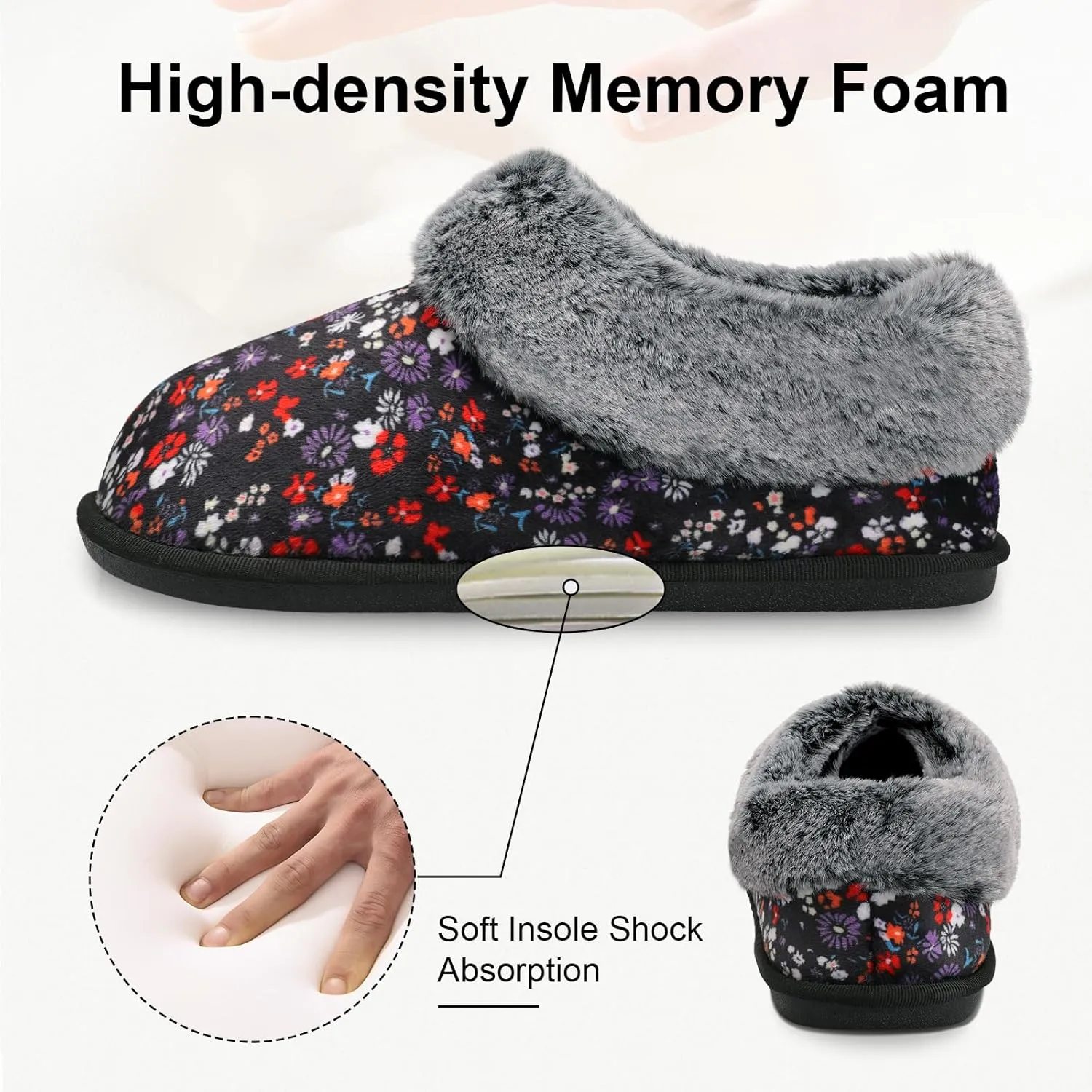 JOINFREE Women's Slippers Fuzzy House Shoes with Memory Foam Slip-on Comfy Bedroom Slippers Indoor Outdoor Shoes with Warm Faux Fur Collar