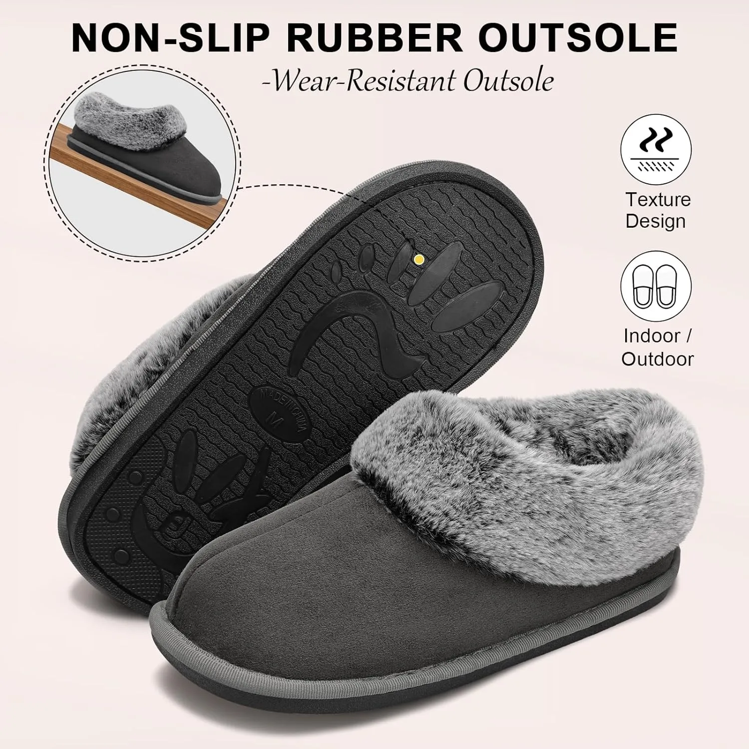 JOINFREE Women's Slippers Fuzzy House Shoes with Memory Foam Slip-on Comfy Bedroom Slippers Indoor Outdoor Shoes with Warm Faux Fur Collar