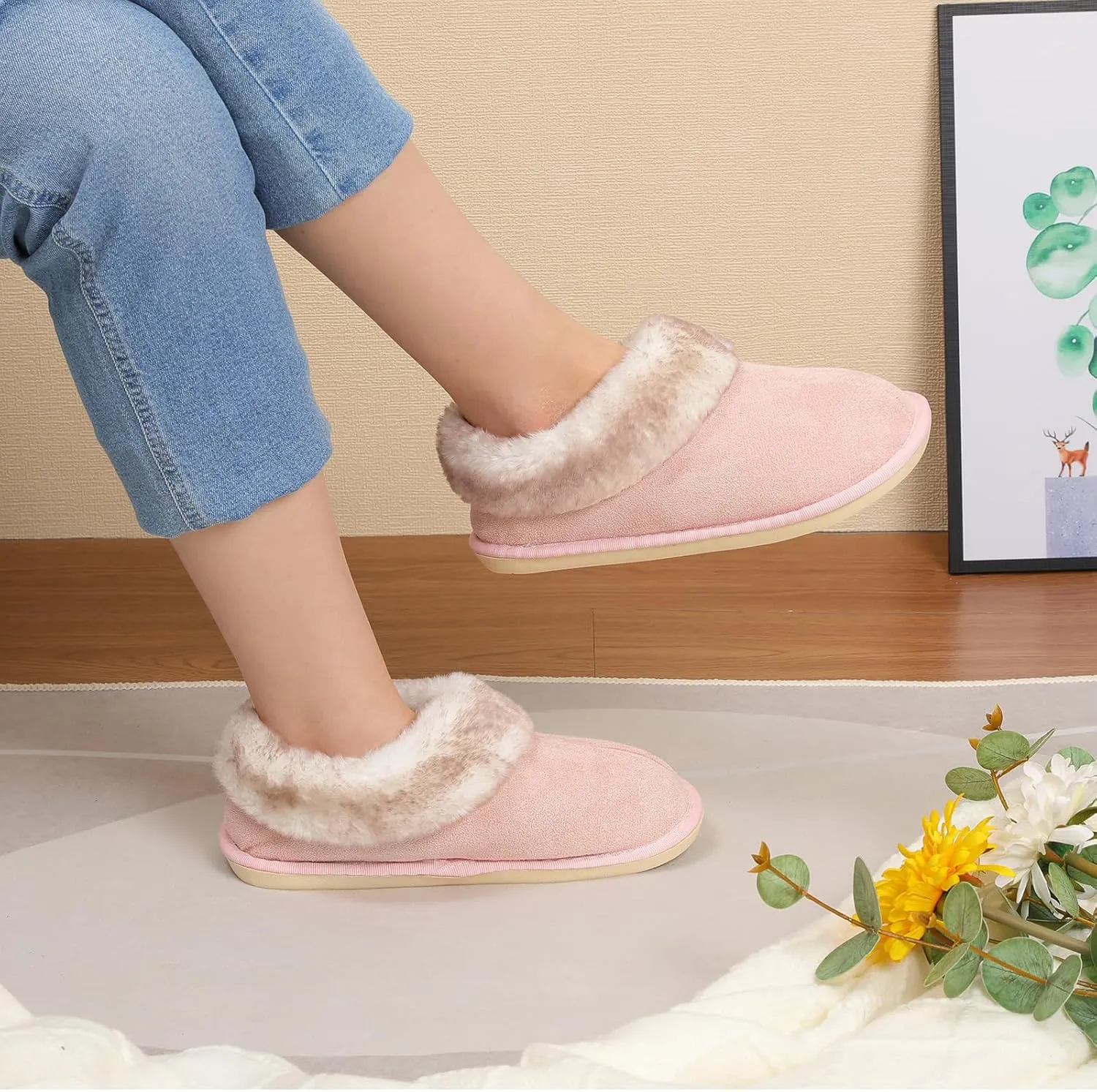 JOINFREE Women's Slippers Fuzzy House Shoes with Memory Foam Slip-on Comfy Bedroom Slippers Indoor Outdoor Shoes with Warm Faux Fur Collar