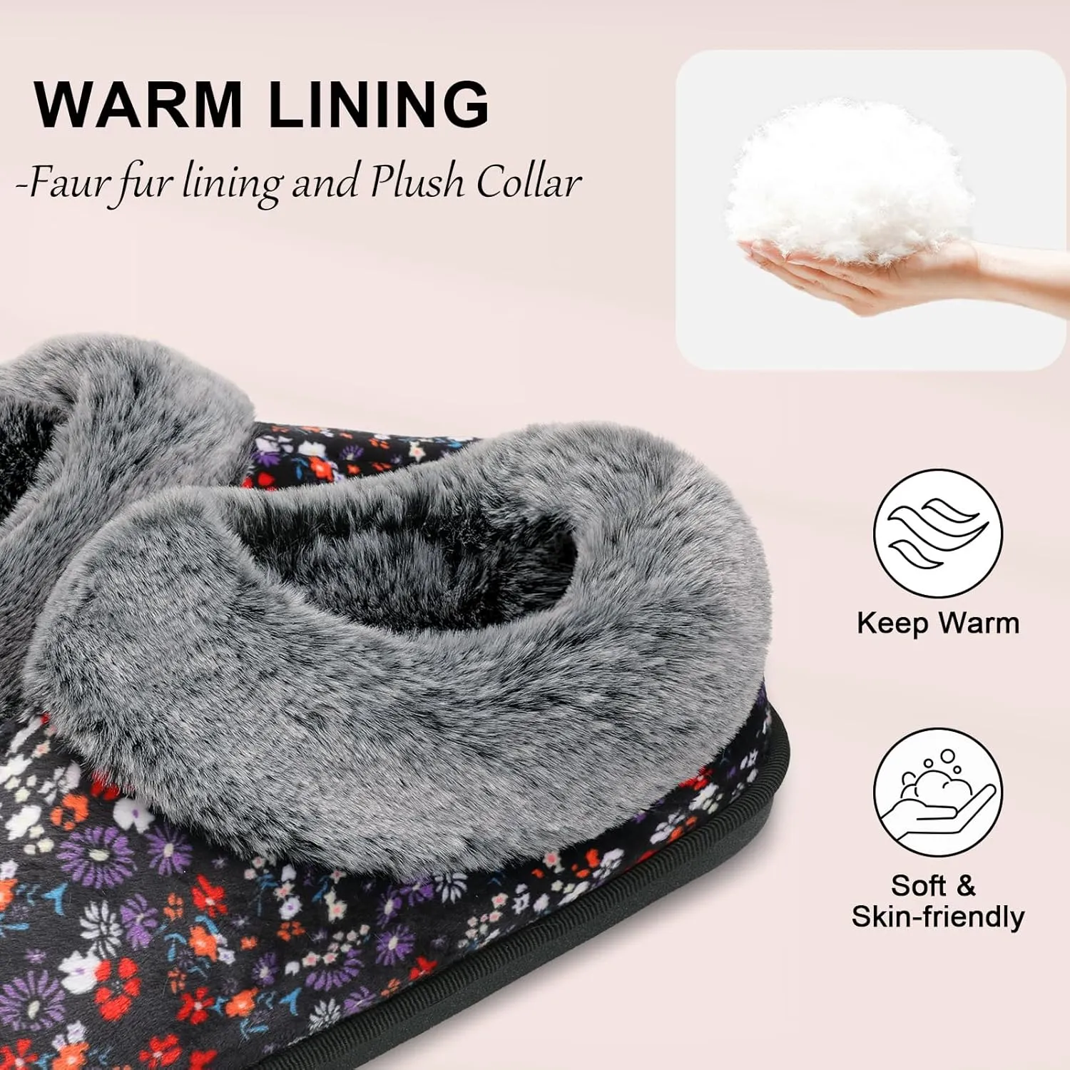 JOINFREE Women's Slippers Fuzzy House Shoes with Memory Foam Slip-on Comfy Bedroom Slippers Indoor Outdoor Shoes with Warm Faux Fur Collar
