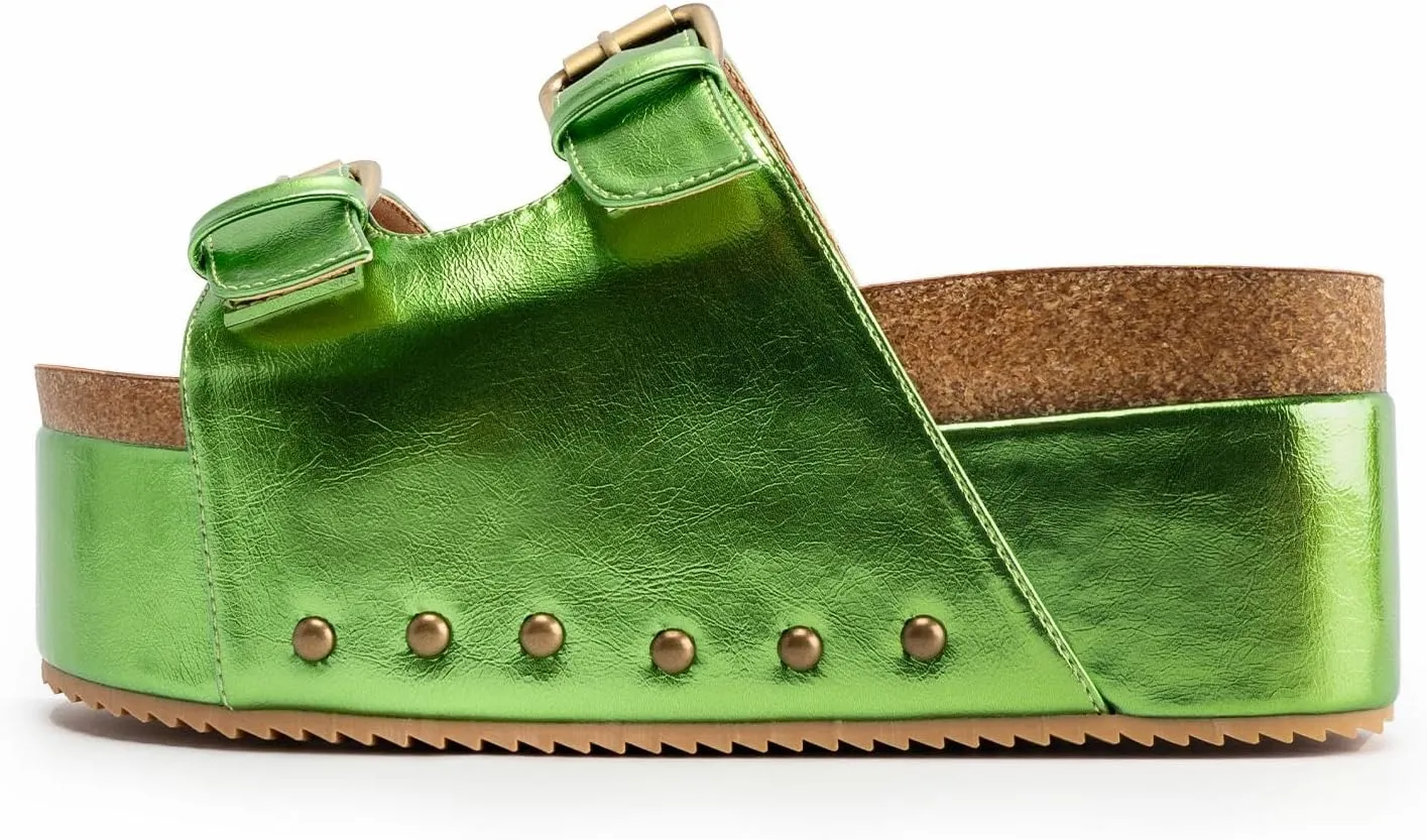 JORISTIMO Women's Cork Flatform Sandals Dual Buckled Band Suede Clogs Platform Slip On Sandals
