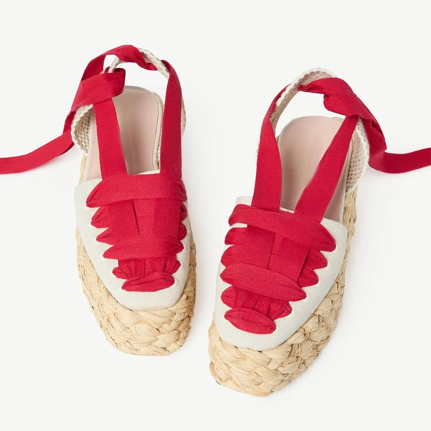 JORISTIMO Women's Flatform Espadrille Sandals Closed Round Toe Lace Up Ribbon Strappy Sandal Adjustable Ankle Tie