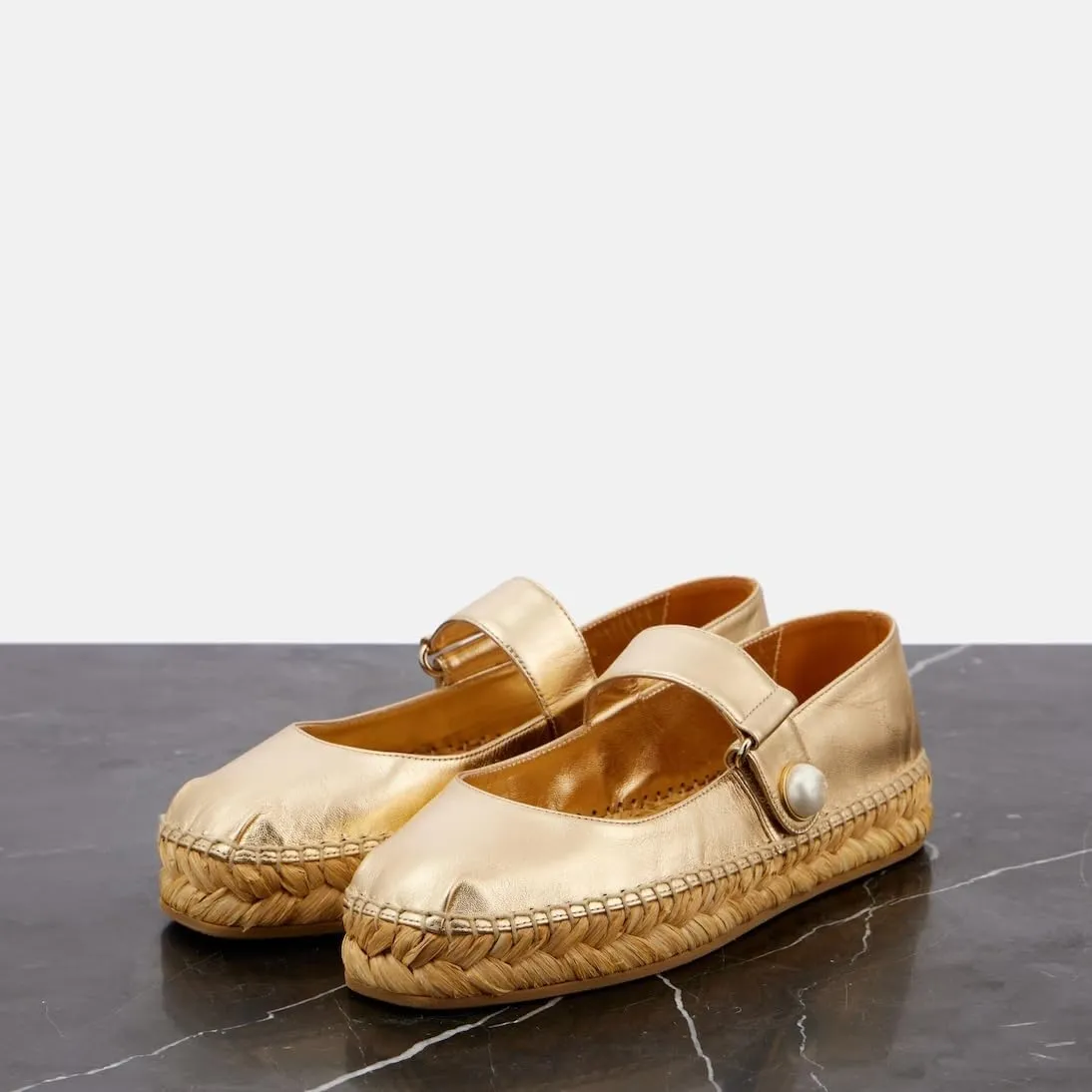 keleimusi Women's Mary Jane Metallic Espadrilles Flats with Pearl Buckle Strap Platform Espadrilles Woven Outsole Shoes Canvas Summer Flats