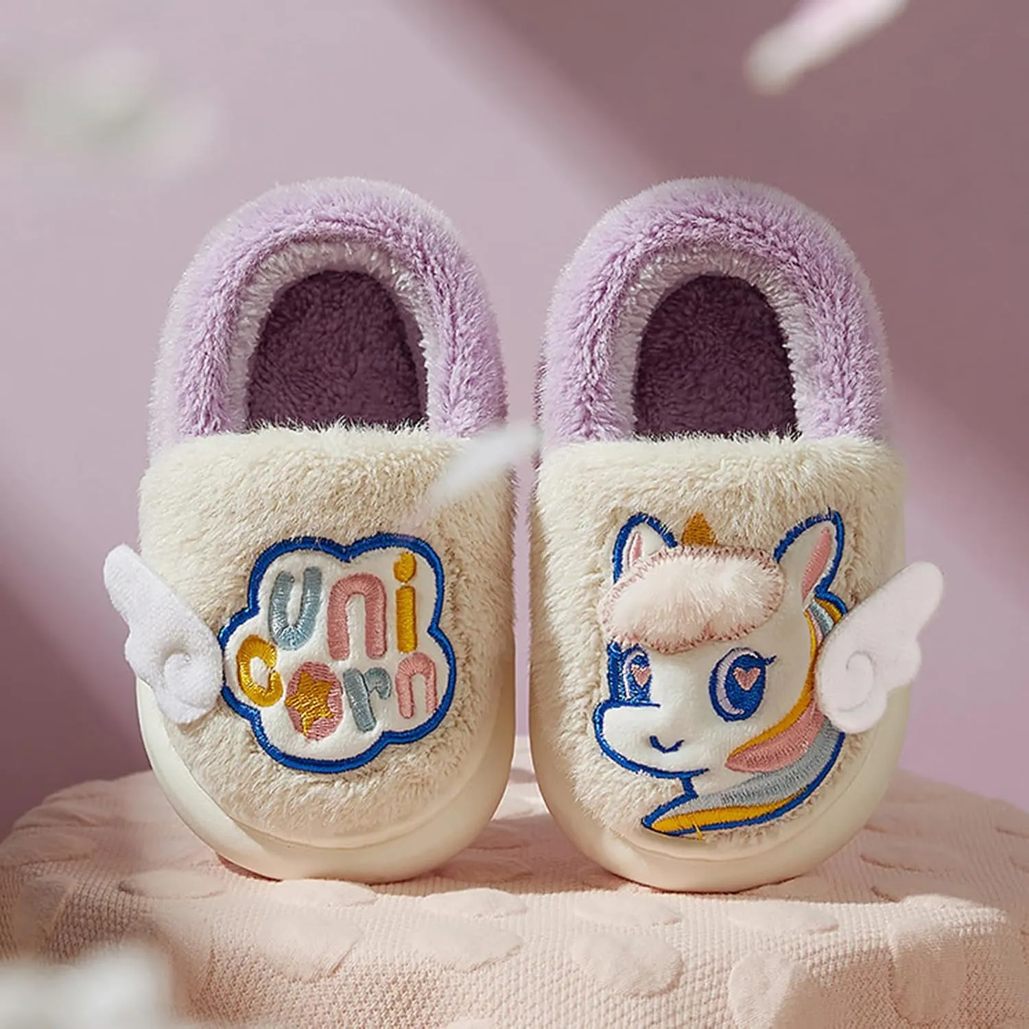 Kids Warm Slippers for House : Fur Lined Cartoon Animal Winter Indoor Slippers for Toddler Boys Girls Cute Fluffy Slip On Non-slip Shoes