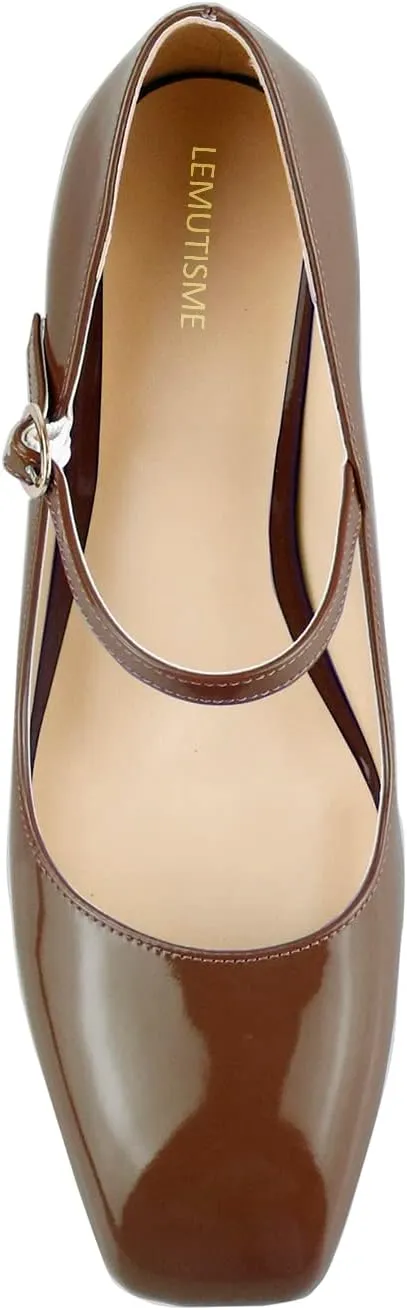 LEMUTISME Women's Elegant Buckle Ankle Strap Leather Square Toe Chunky Comfortable Slip On Middle Block Heel Dress Pumps for Wedding Prom