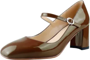 LEMUTISME Women's Elegant Buckle Ankle Strap Leather Square Toe Chunky Comfortable Slip On Middle Block Heel Dress Pumps for Wedding Prom