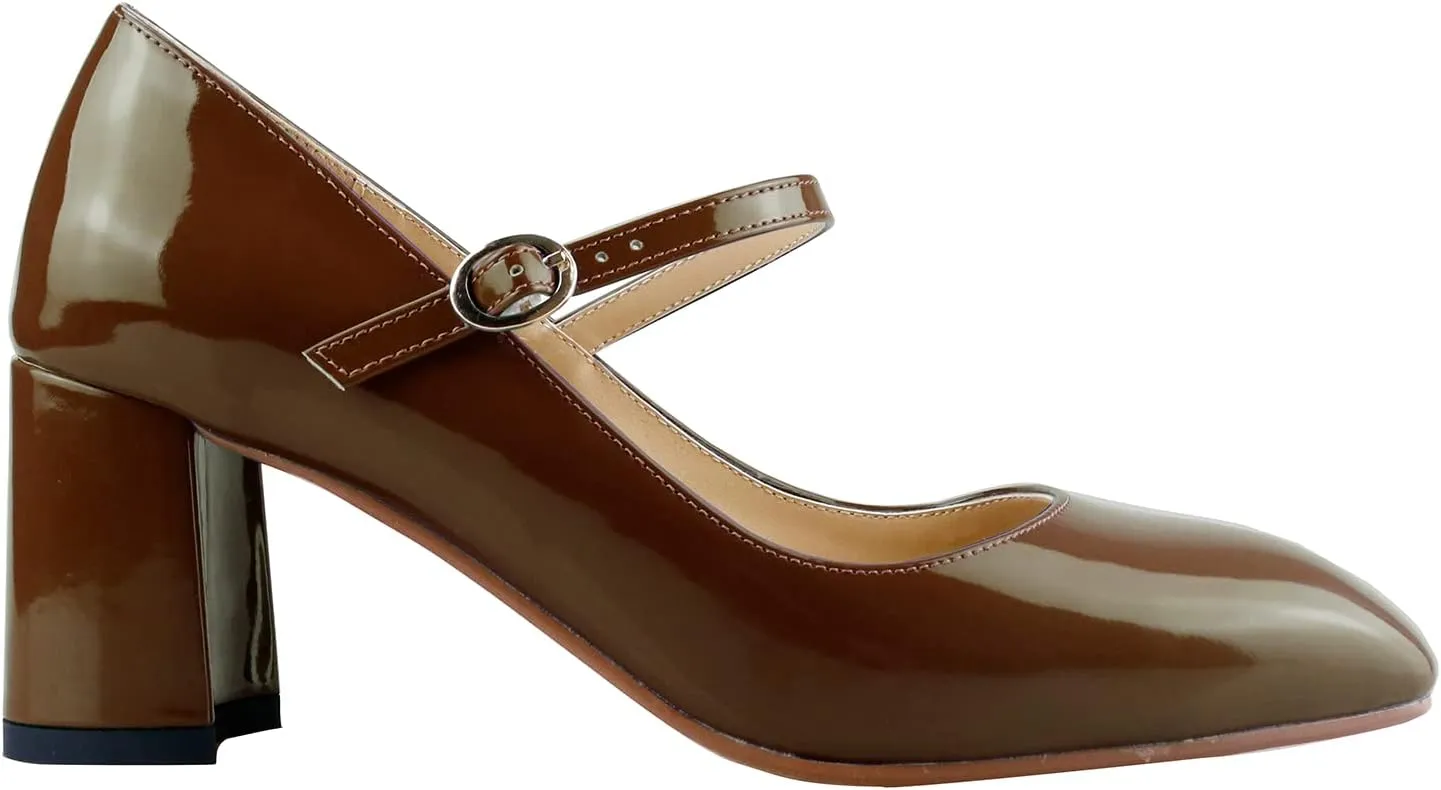 LEMUTISME Women's Elegant Buckle Ankle Strap Leather Square Toe Chunky Comfortable Slip On Middle Block Heel Dress Pumps for Wedding Prom