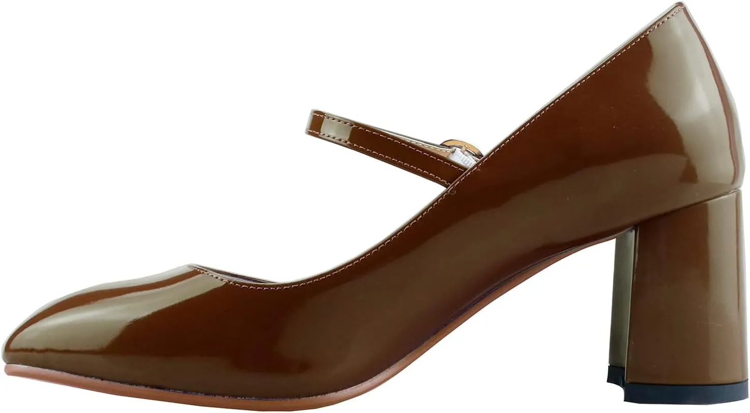 LEMUTISME Women's Elegant Buckle Ankle Strap Leather Square Toe Chunky Comfortable Slip On Middle Block Heel Dress Pumps for Wedding Prom