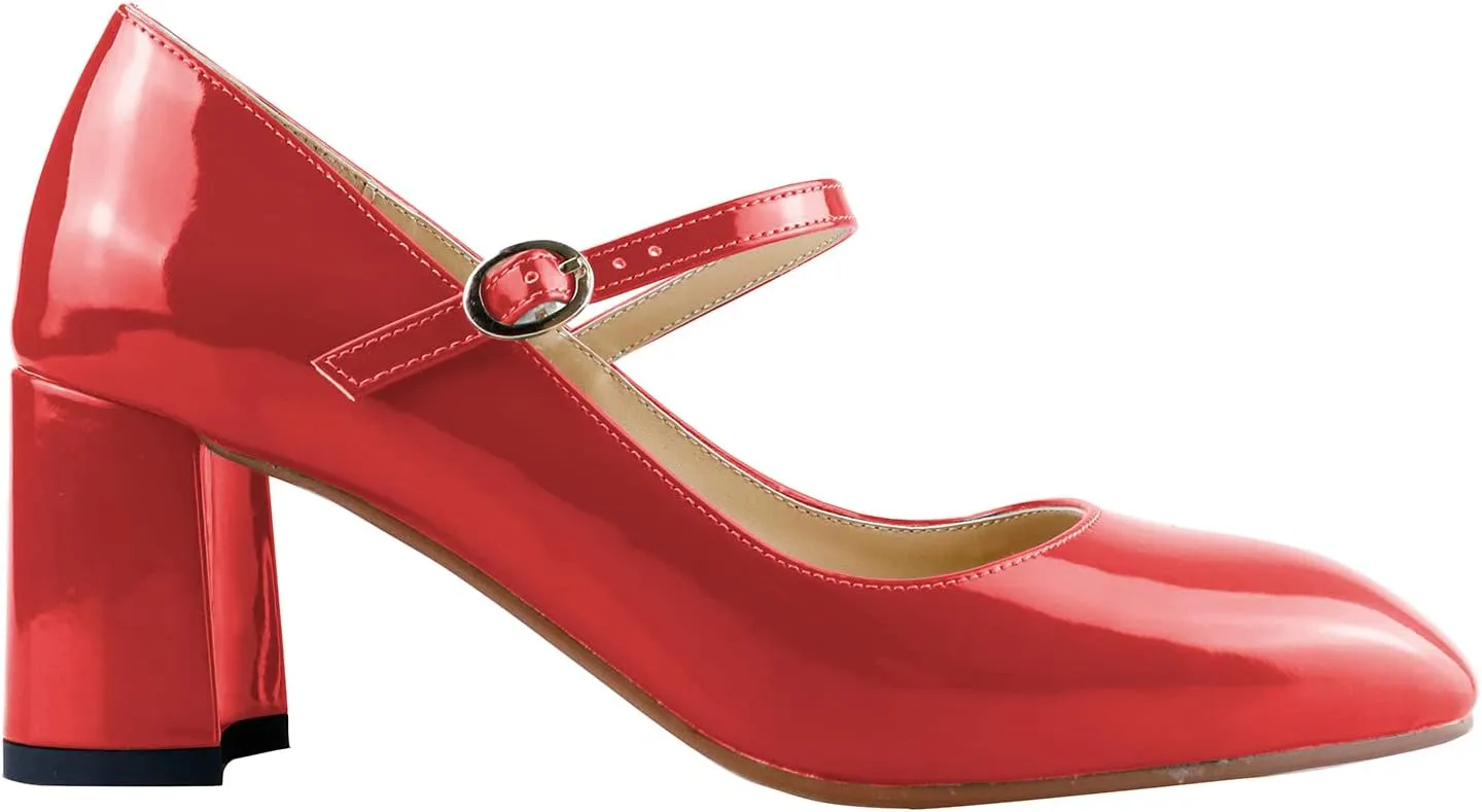 LEMUTISME Women's Elegant Buckle Ankle Strap Leather Square Toe Chunky Comfortable Slip On Middle Block Heel Dress Pumps for Wedding Prom