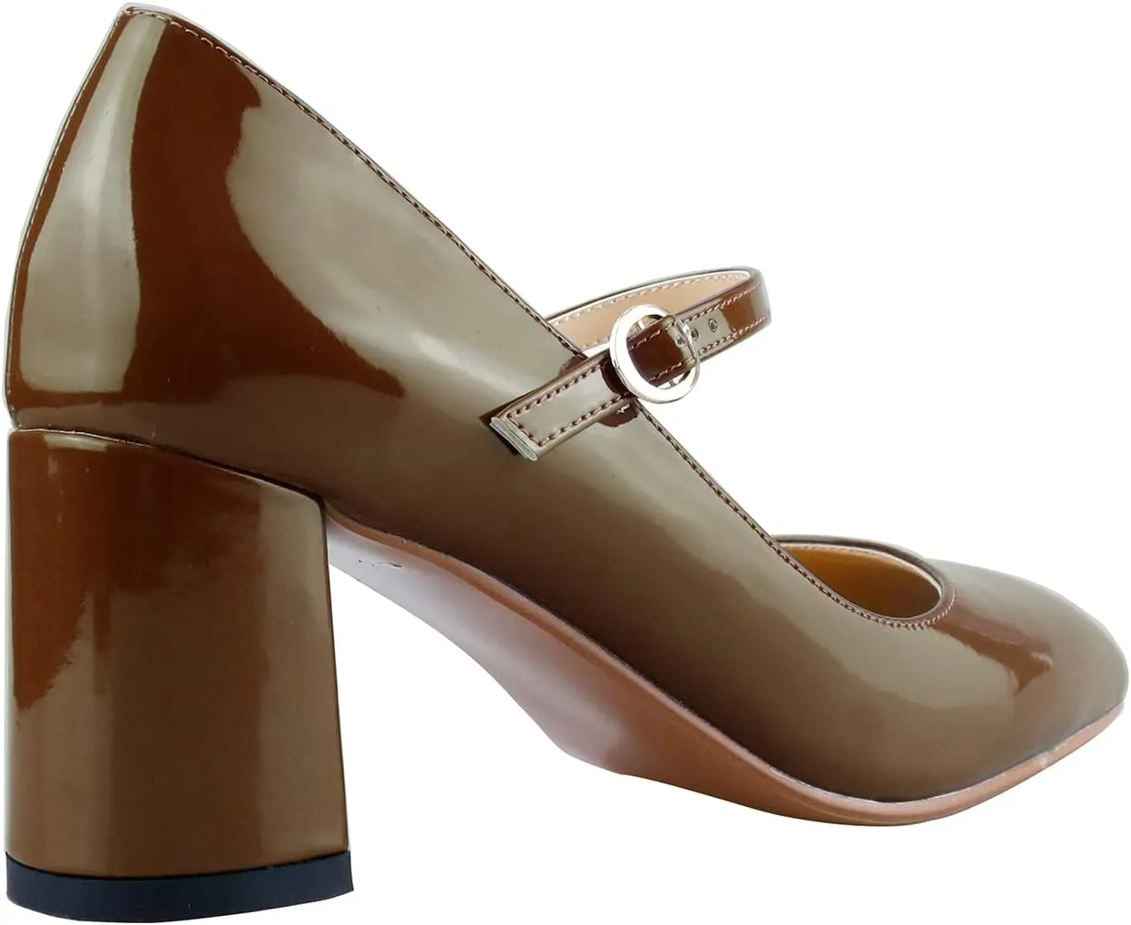 LEMUTISME Women's Elegant Buckle Ankle Strap Leather Square Toe Chunky Comfortable Slip On Middle Block Heel Dress Pumps for Wedding Prom