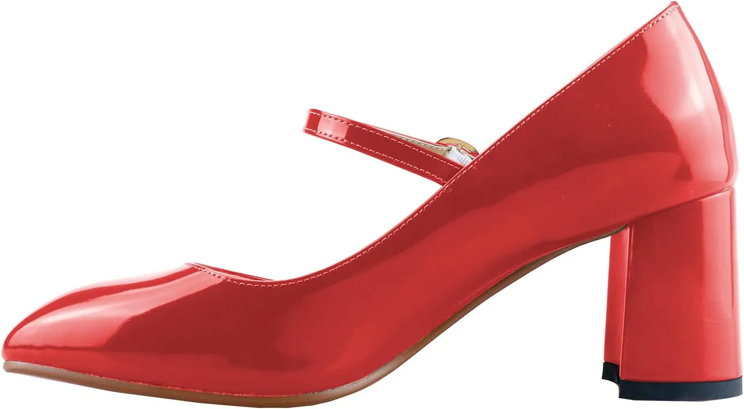 LEMUTISME Women's Elegant Buckle Ankle Strap Leather Square Toe Chunky Comfortable Slip On Middle Block Heel Dress Pumps for Wedding Prom