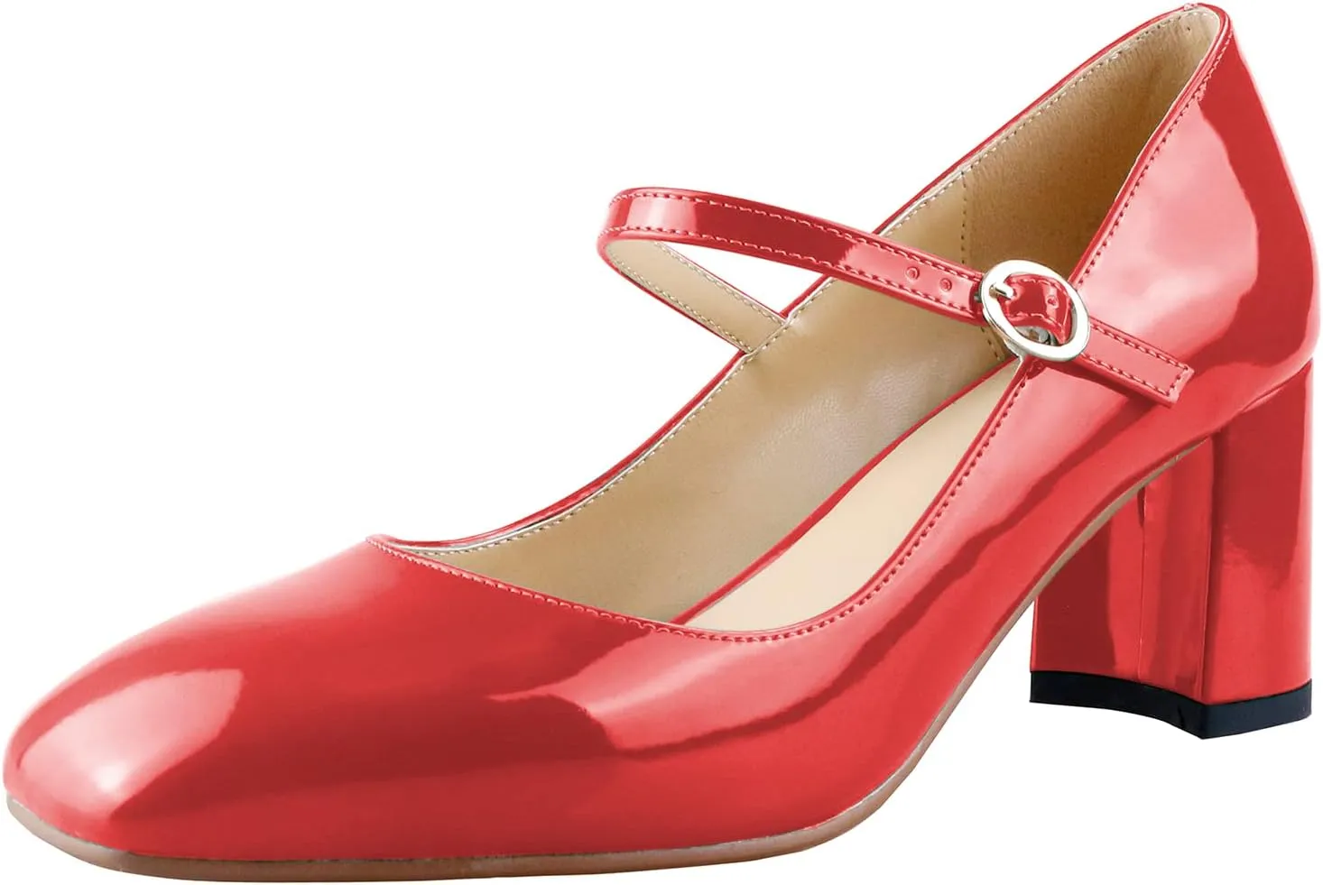 LEMUTISME Women's Elegant Buckle Ankle Strap Leather Square Toe Chunky Comfortable Slip On Middle Block Heel Dress Pumps for Wedding Prom