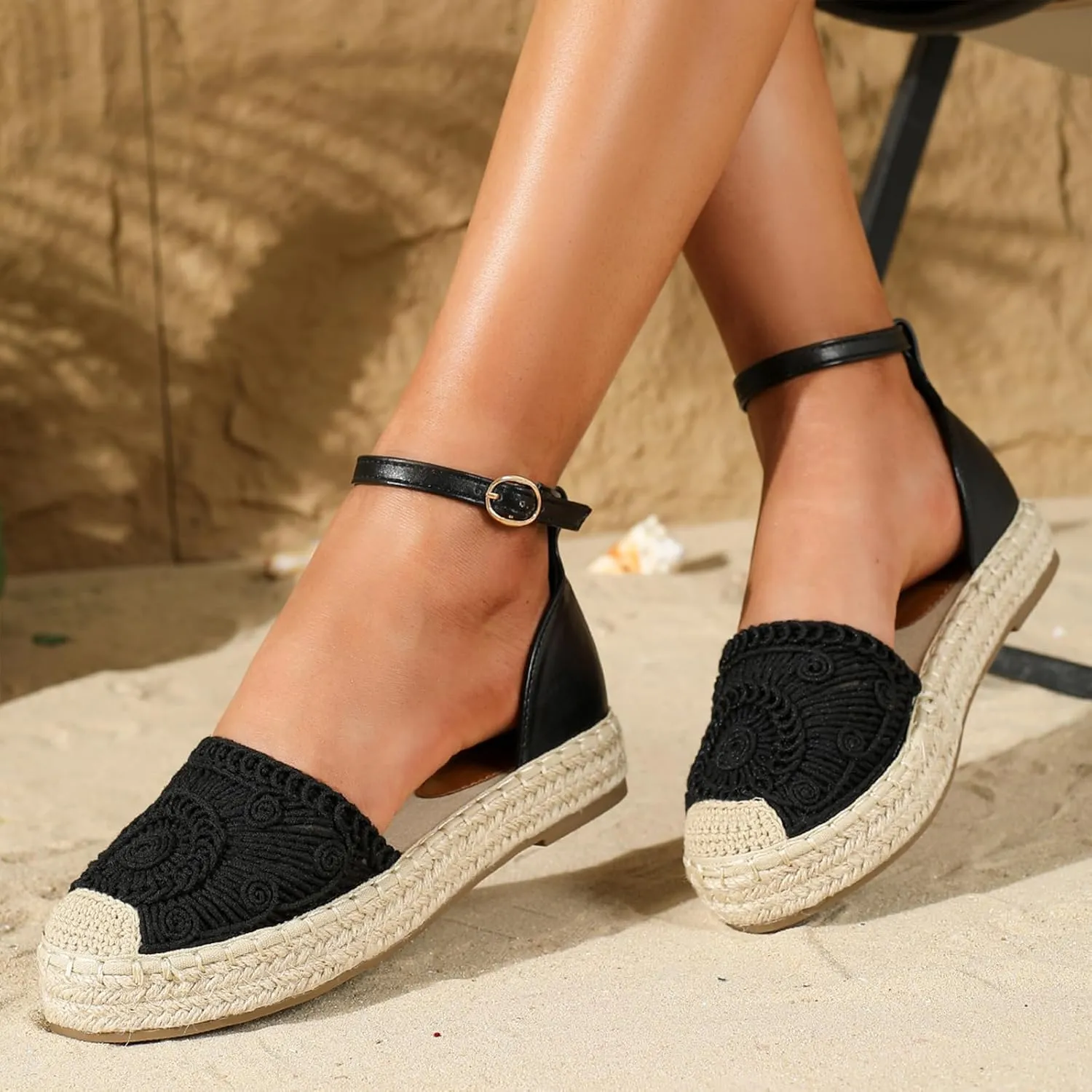 Lossarye Women's Platform Closed Toe Espadrille Sandals Adjustable Ankle Strap Comfortable Round Toe Breathable Flat Sandals for Summer Vocation Beach Dressy Shoes